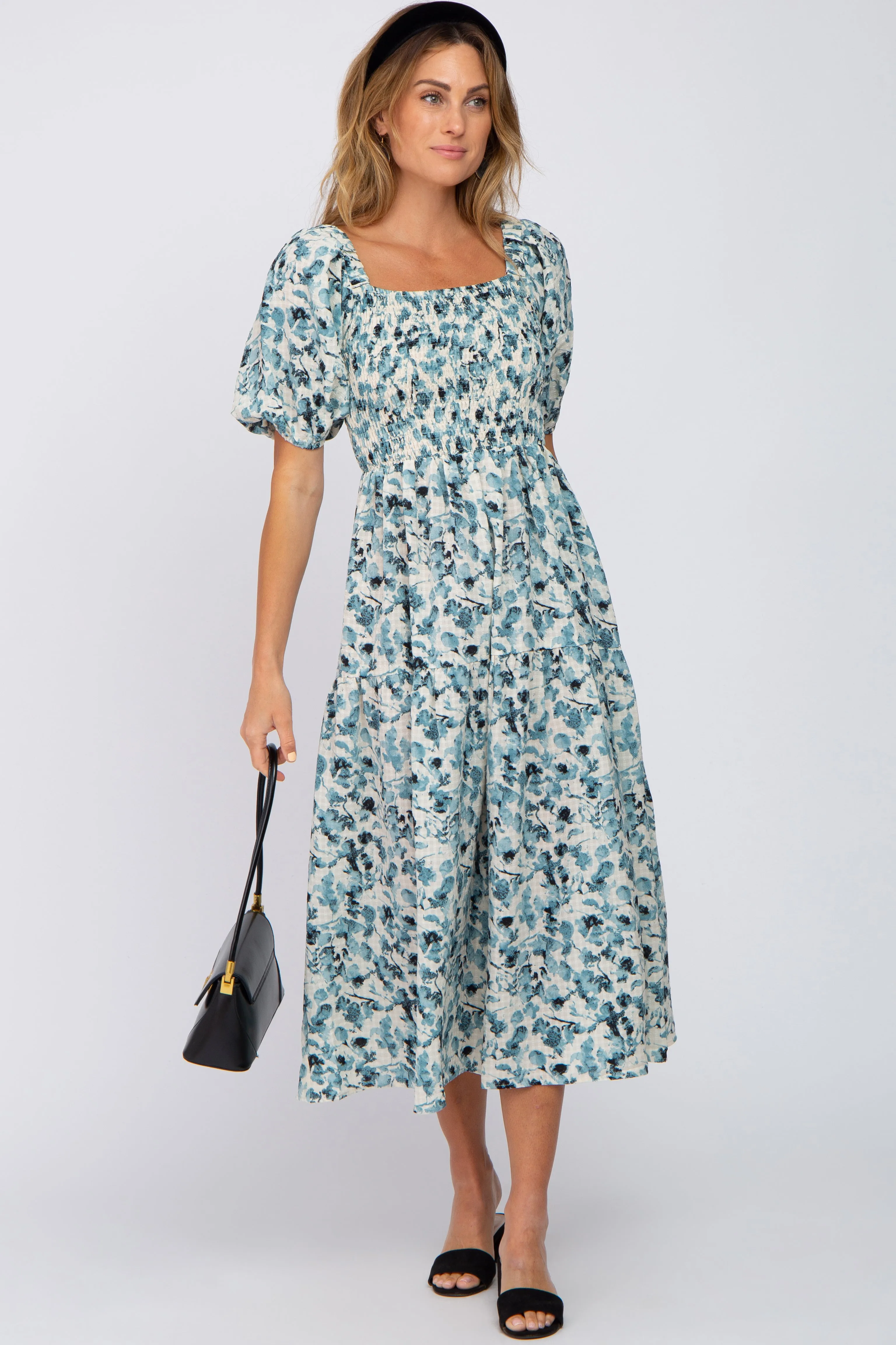 Teal Floral Square Neck Smocked Midi Dress sold by Pinkblush