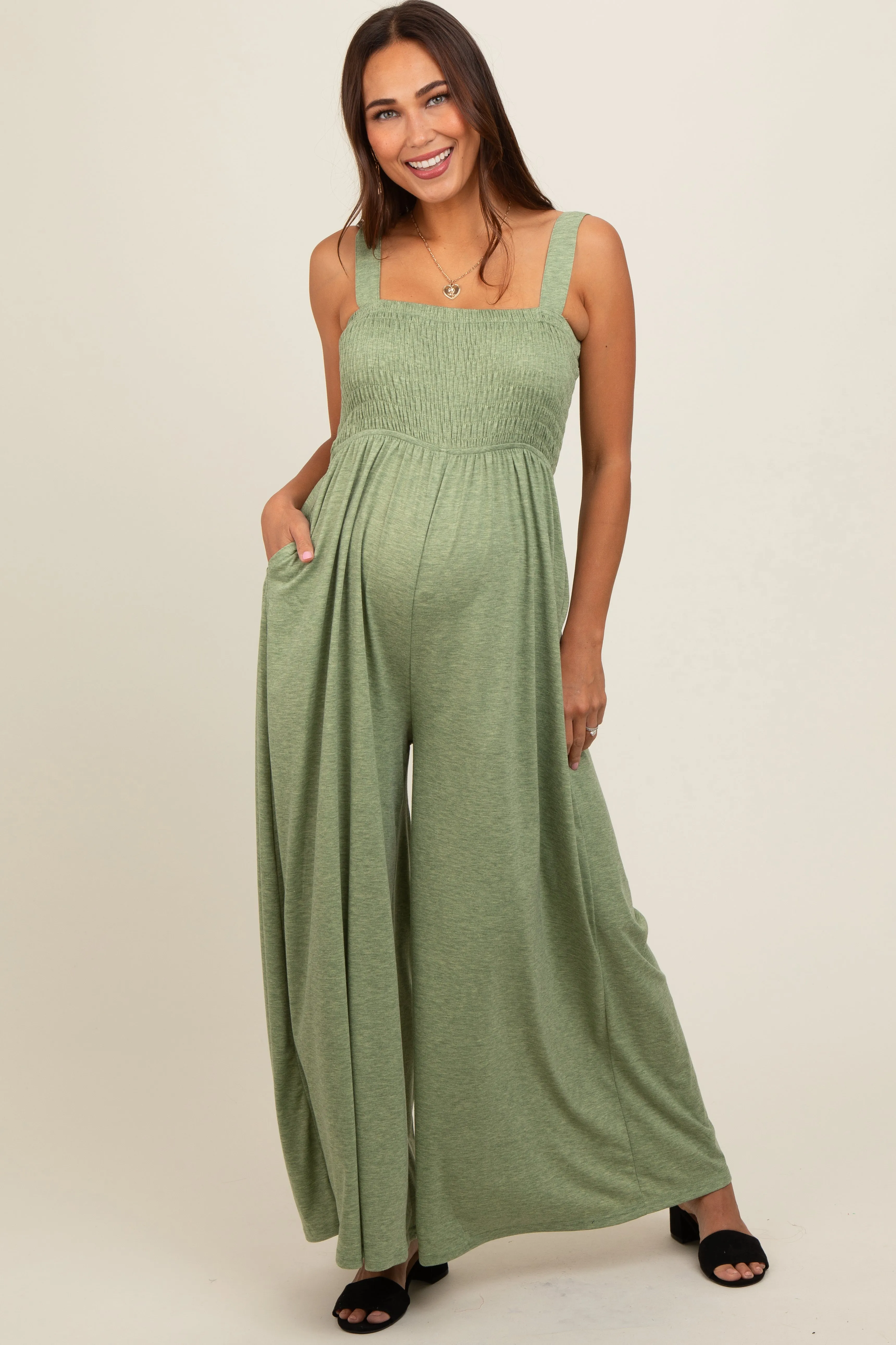 Green Smocked Wide Leg Maternity Jumpsuit sold by Pinkblush product image thumbnail 2