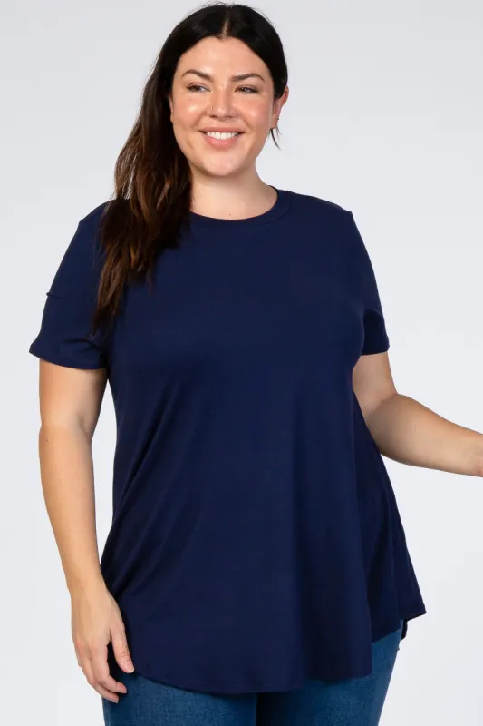 Navy Blue Round Hem Short Sleeve Plus Top sold by Pinkblush