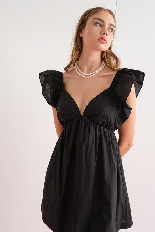Black Tie-Back Ruffle Mini Dress sold by Pinkblush