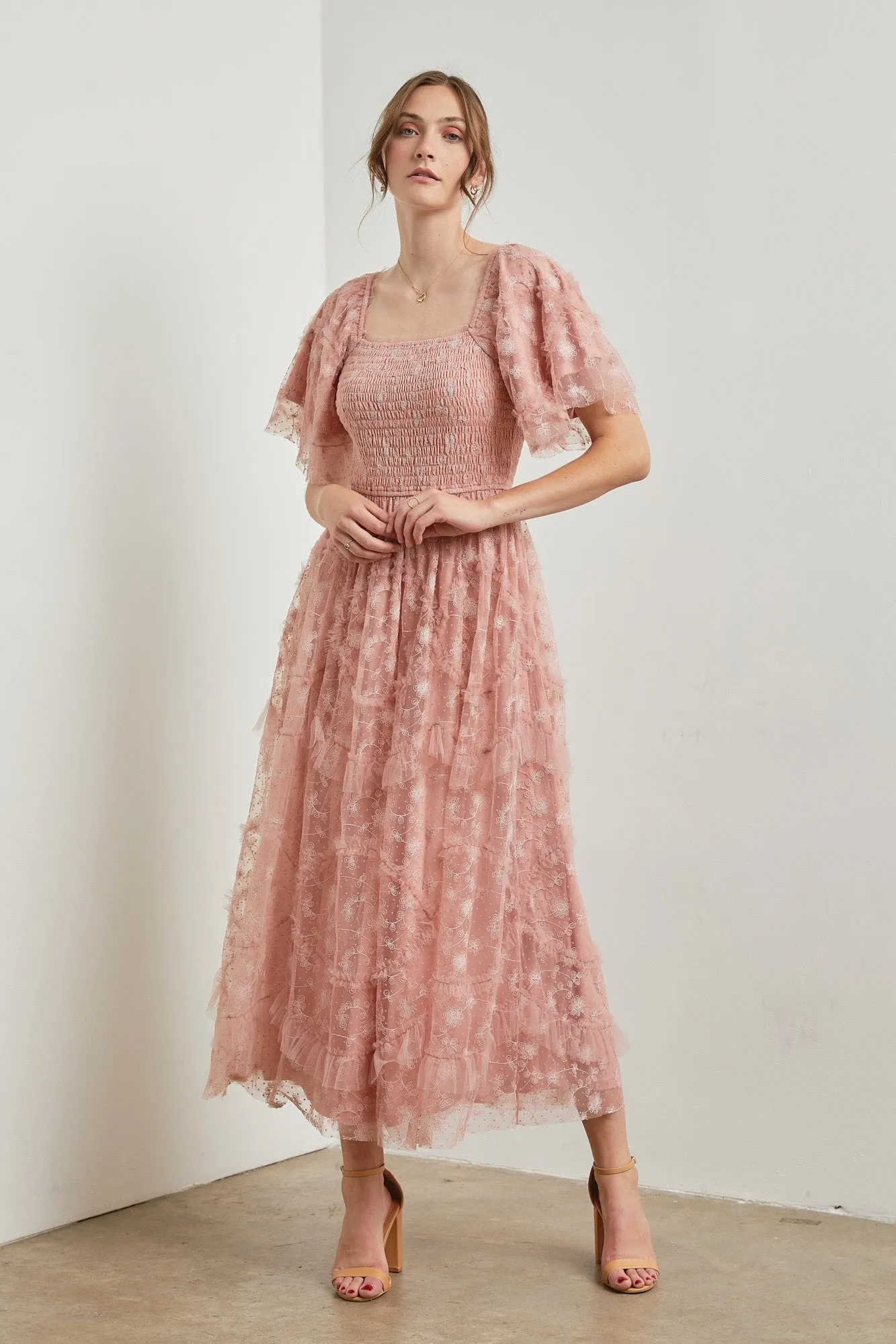 Pink Floral Embroidered Ruffle Tulle Maternity Midi Dress sold by Pinkblush product image thumbnail 3
