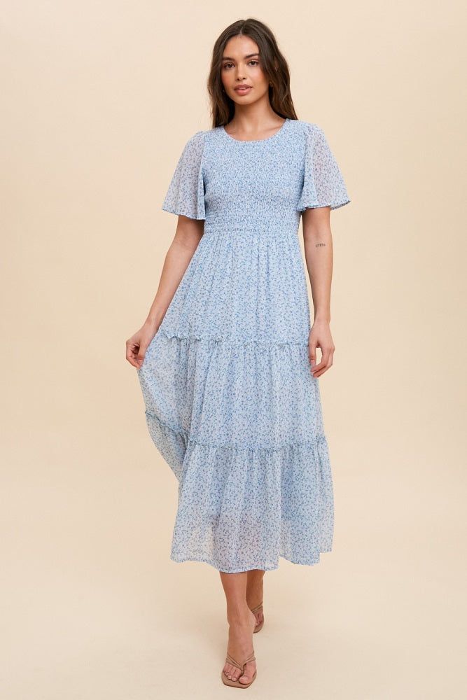 Blue Smocked Floral Chiffon Midi Dress sold by Pinkblush