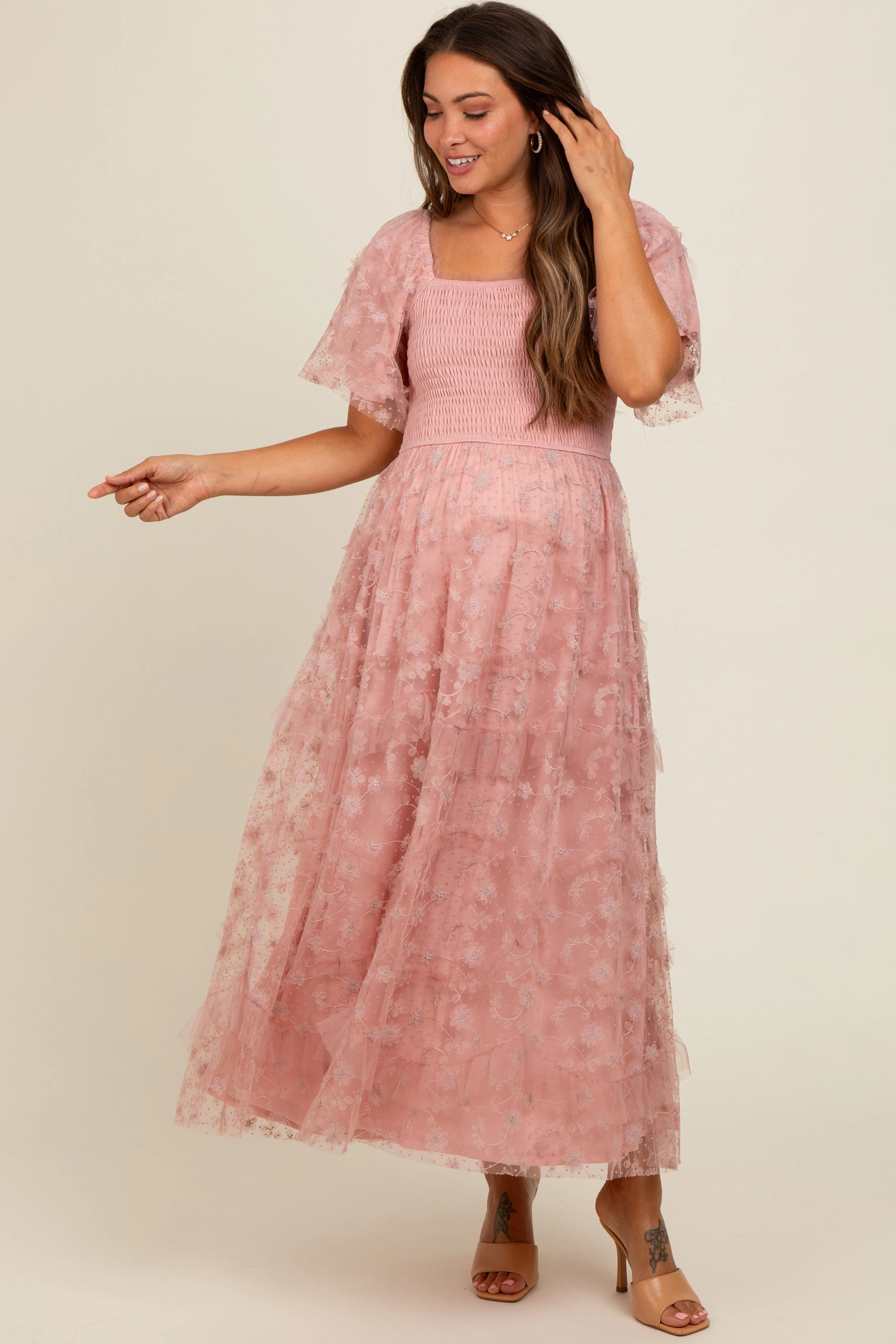 Pink Floral Embroidered Ruffle Tulle Maternity Midi Dress sold by Pinkblush