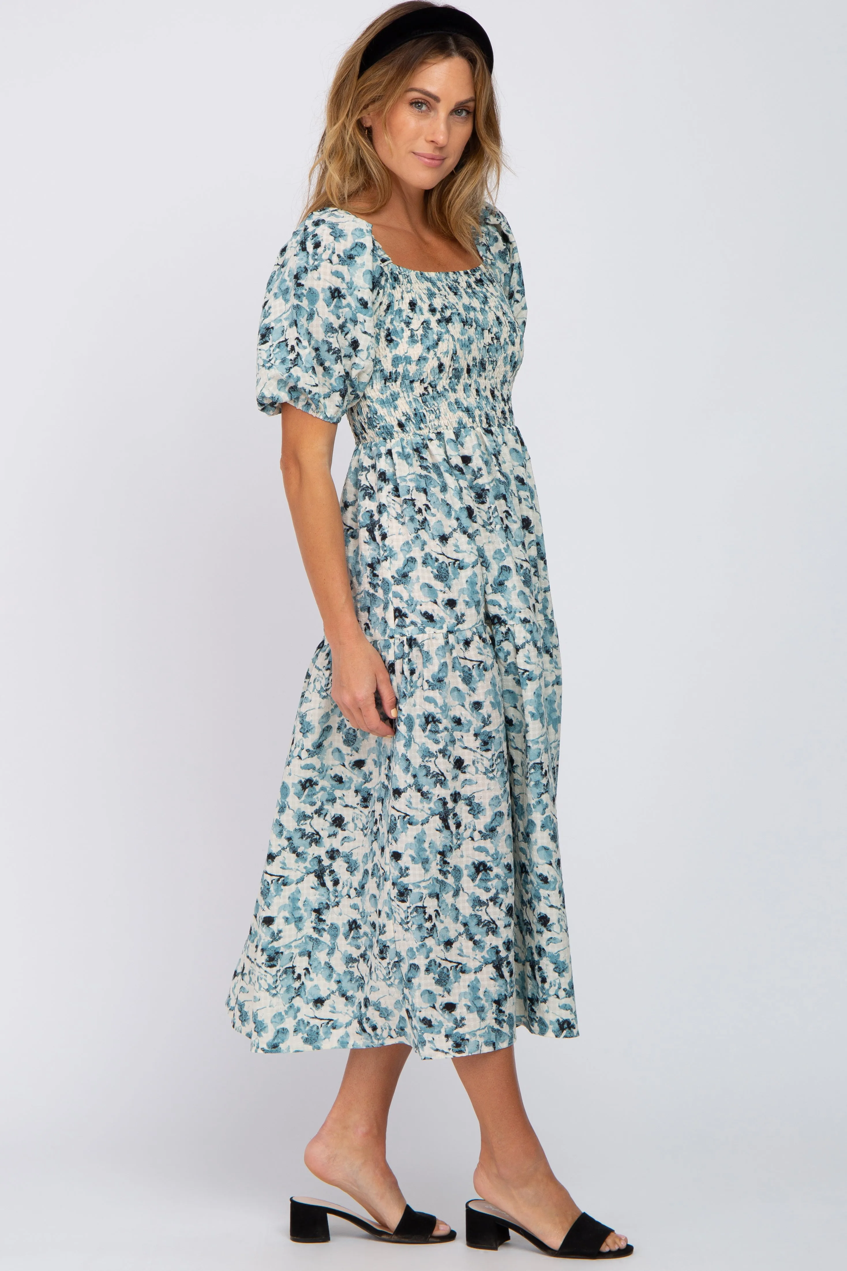 Teal Floral Square Neck Smocked Midi Dress sold by Pinkblush product image thumbnail 2