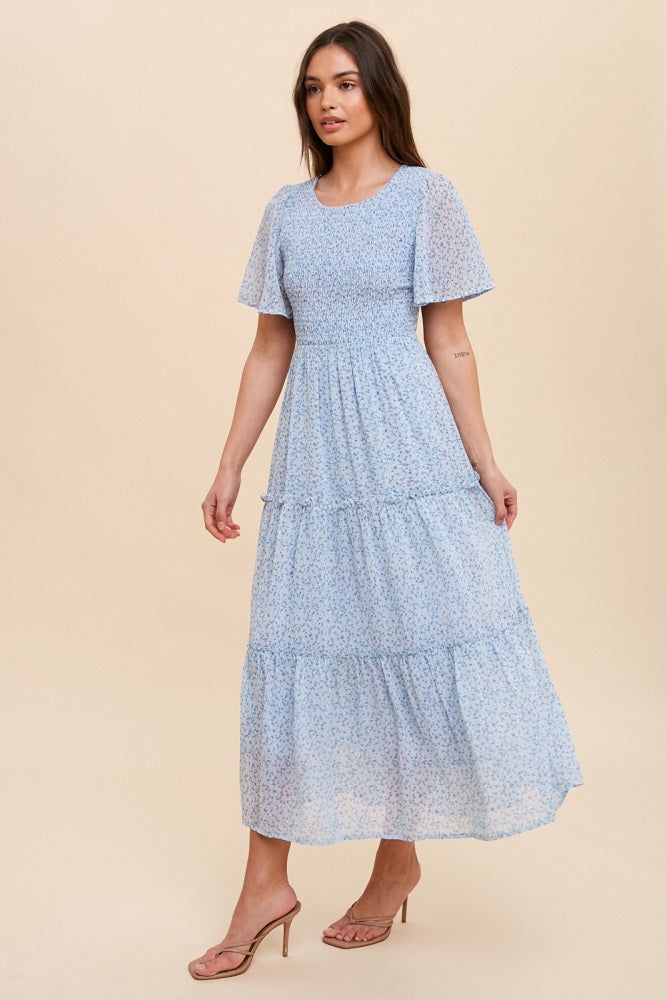 Blue Smocked Floral Chiffon Midi Dress sold by Pinkblush product image thumbnail 2