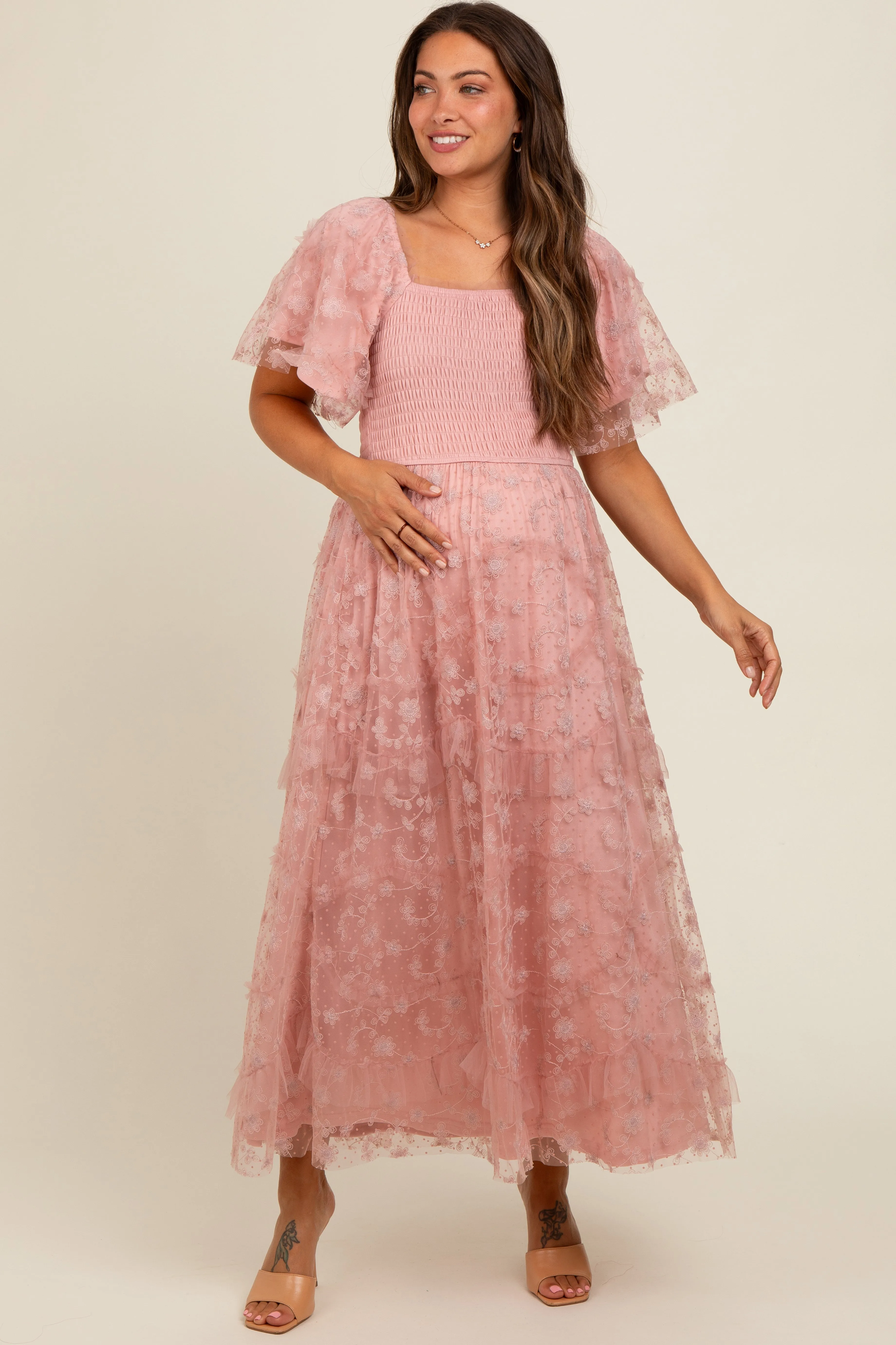 Pink Floral Embroidered Ruffle Tulle Maternity Midi Dress sold by Pinkblush product image thumbnail 2