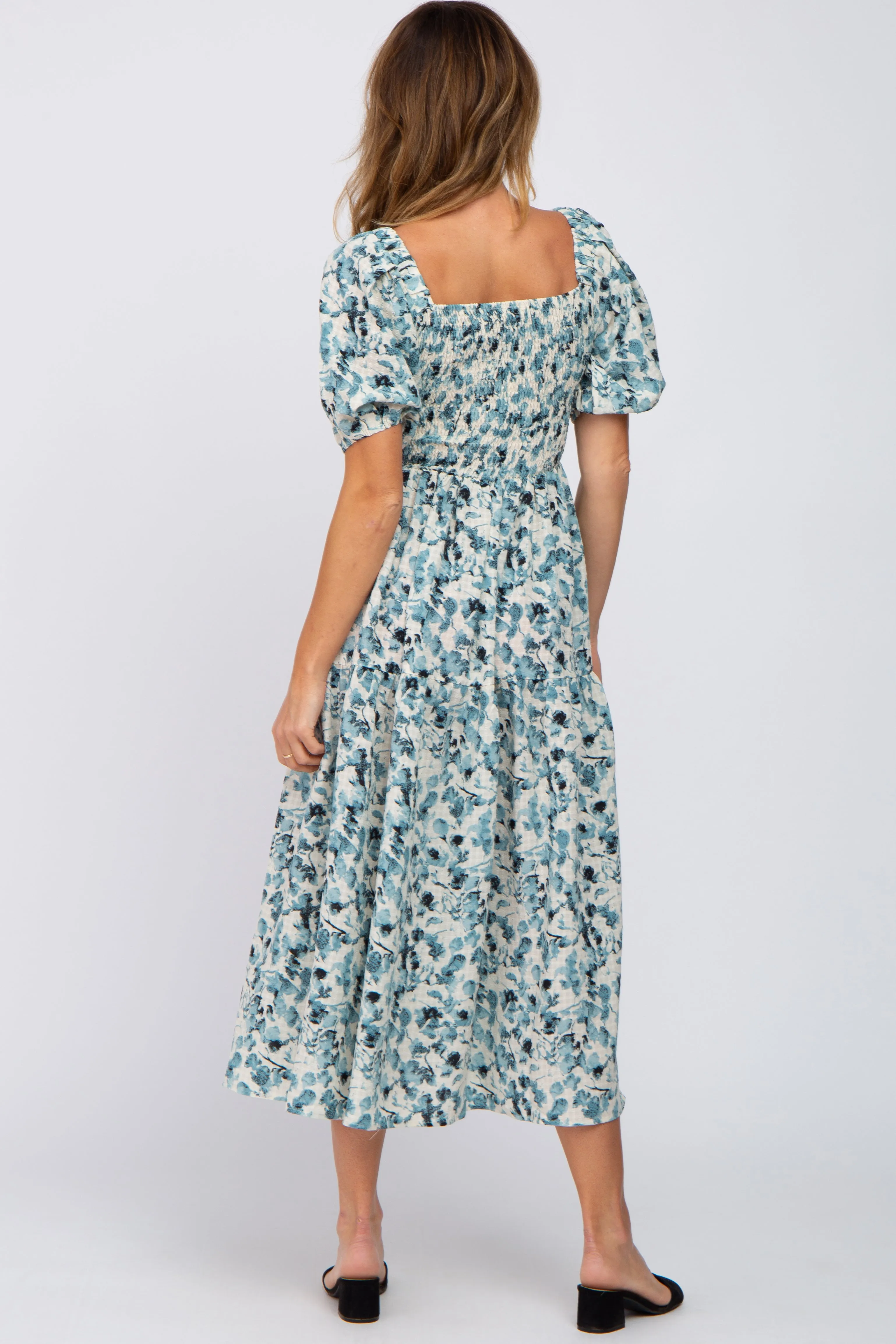 Teal Floral Square Neck Smocked Midi Dress sold by Pinkblush product image thumbnail 3