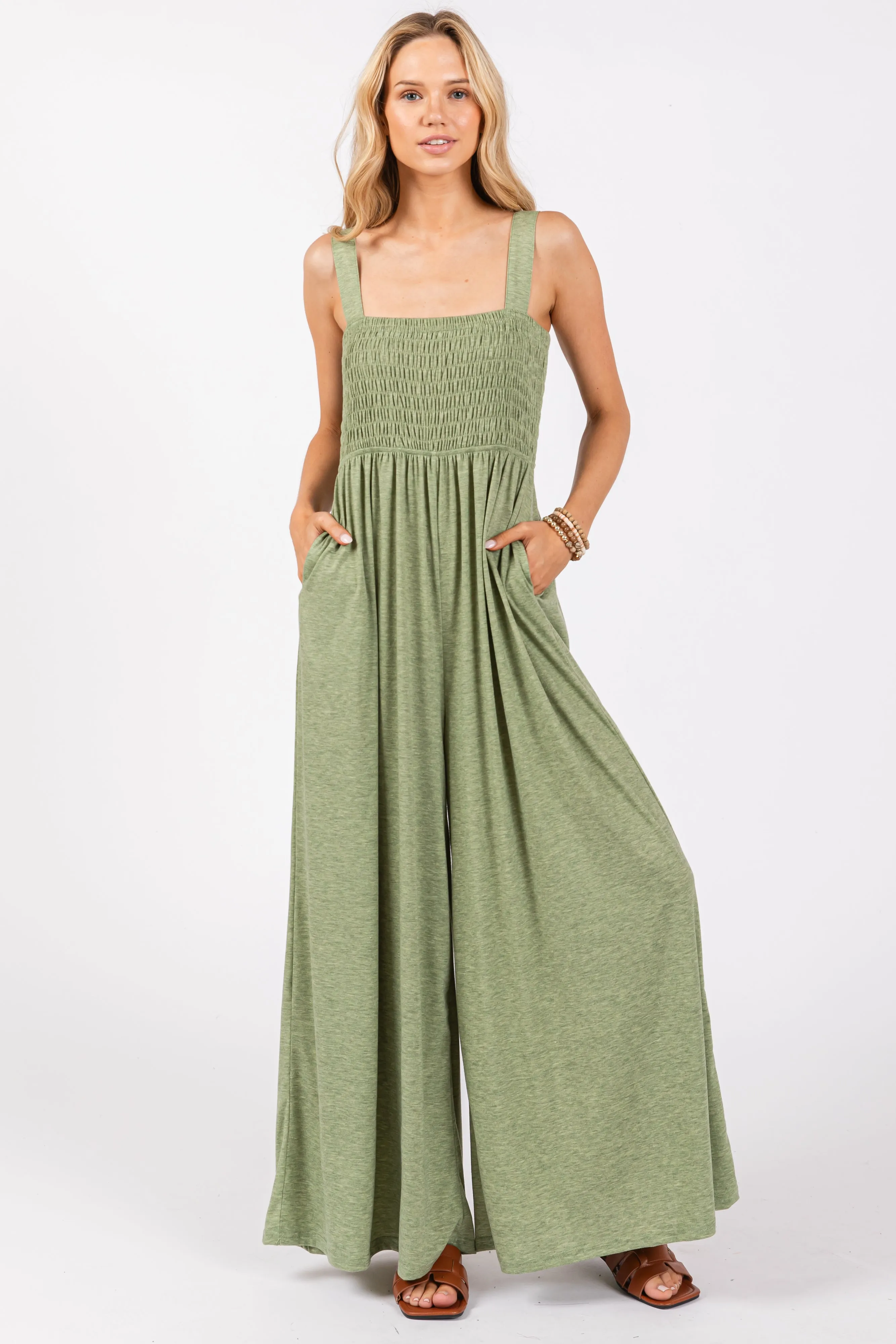 Green Smocked Wide Leg Maternity Jumpsuit sold by Pinkblush product image thumbnail 4