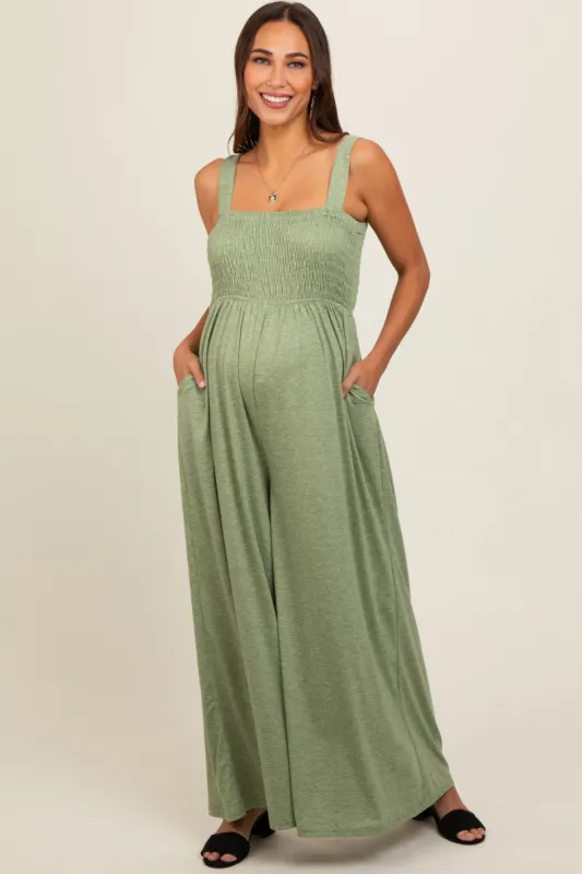 Green Smocked Wide Leg Maternity Jumpsuit sold by Pinkblush