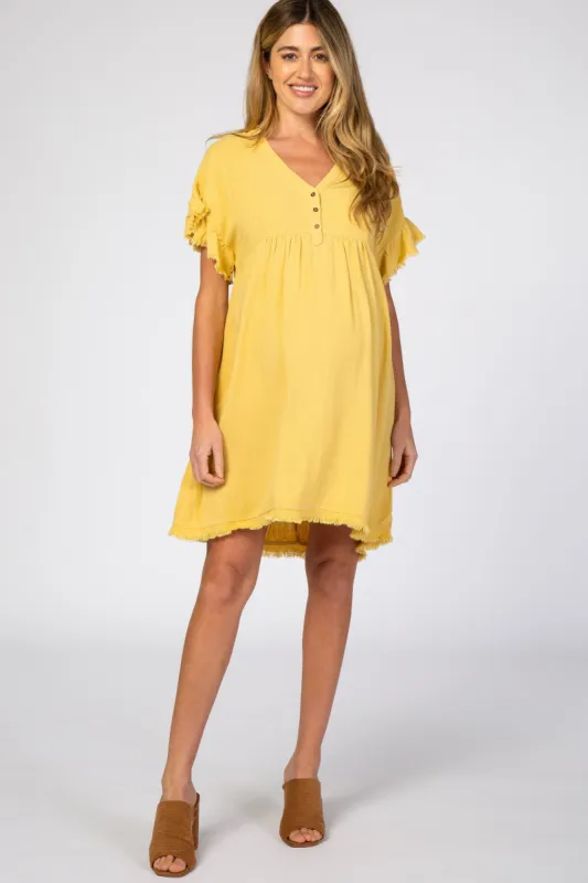 Yellow Linen Fringe Trim Babydoll Maternity Dress made by Pinkblush