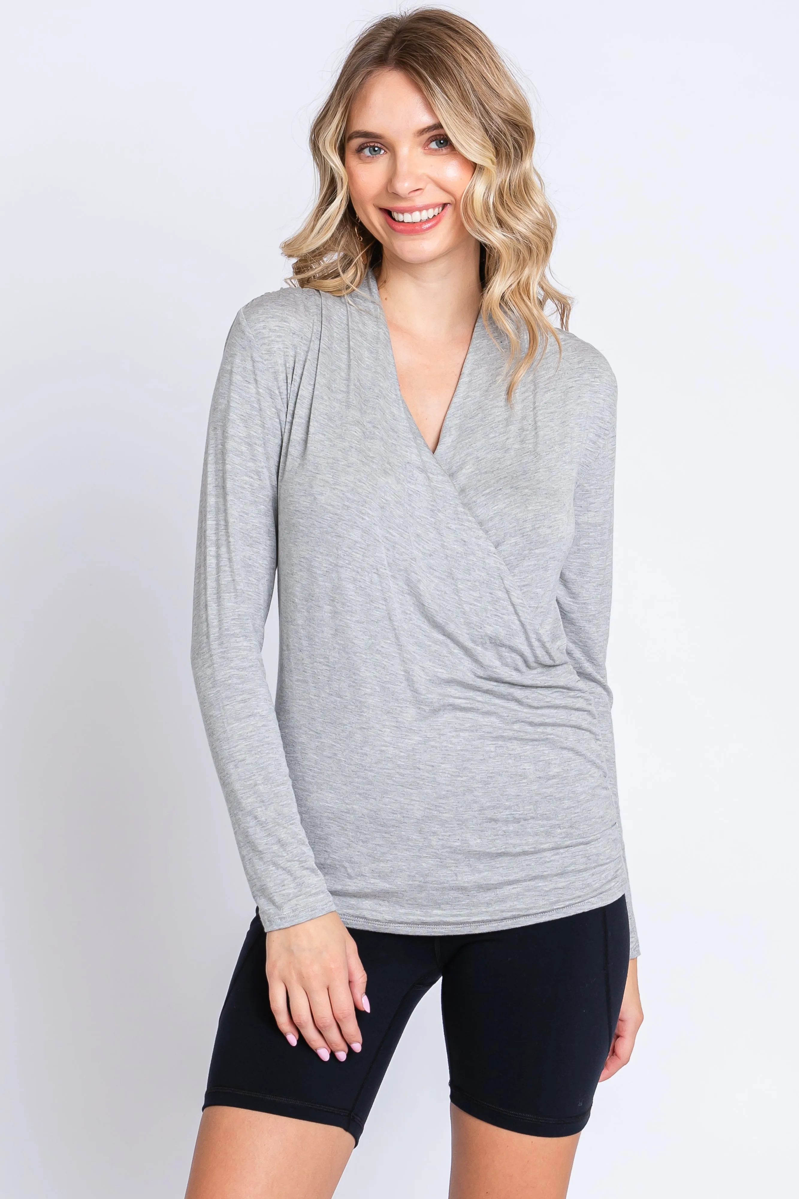 Heather Grey Long Sleeve Wrap Nursing Top sold by Pinkblush