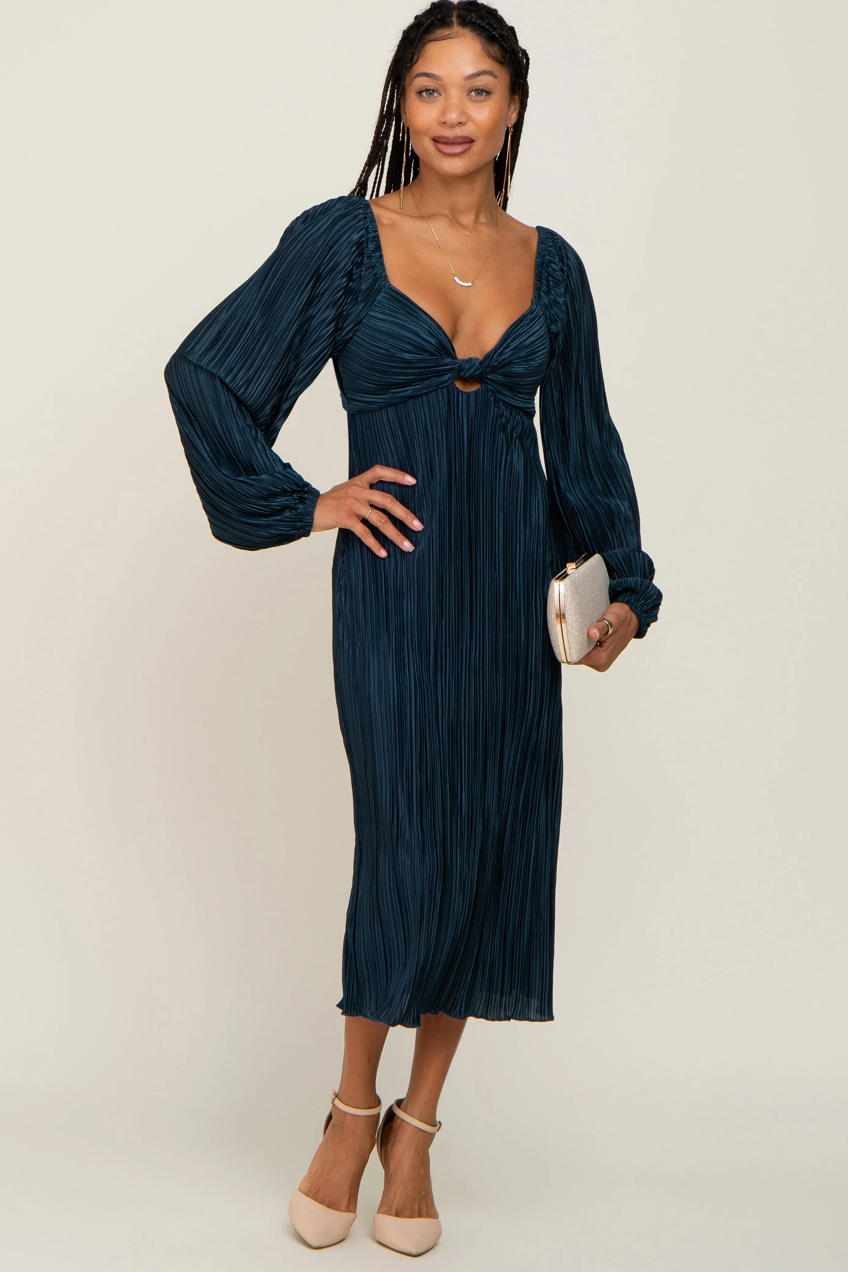 Teal Pleated Front Cutout Back Tie Midi Dress sold by Pinkblush product image thumbnail 4