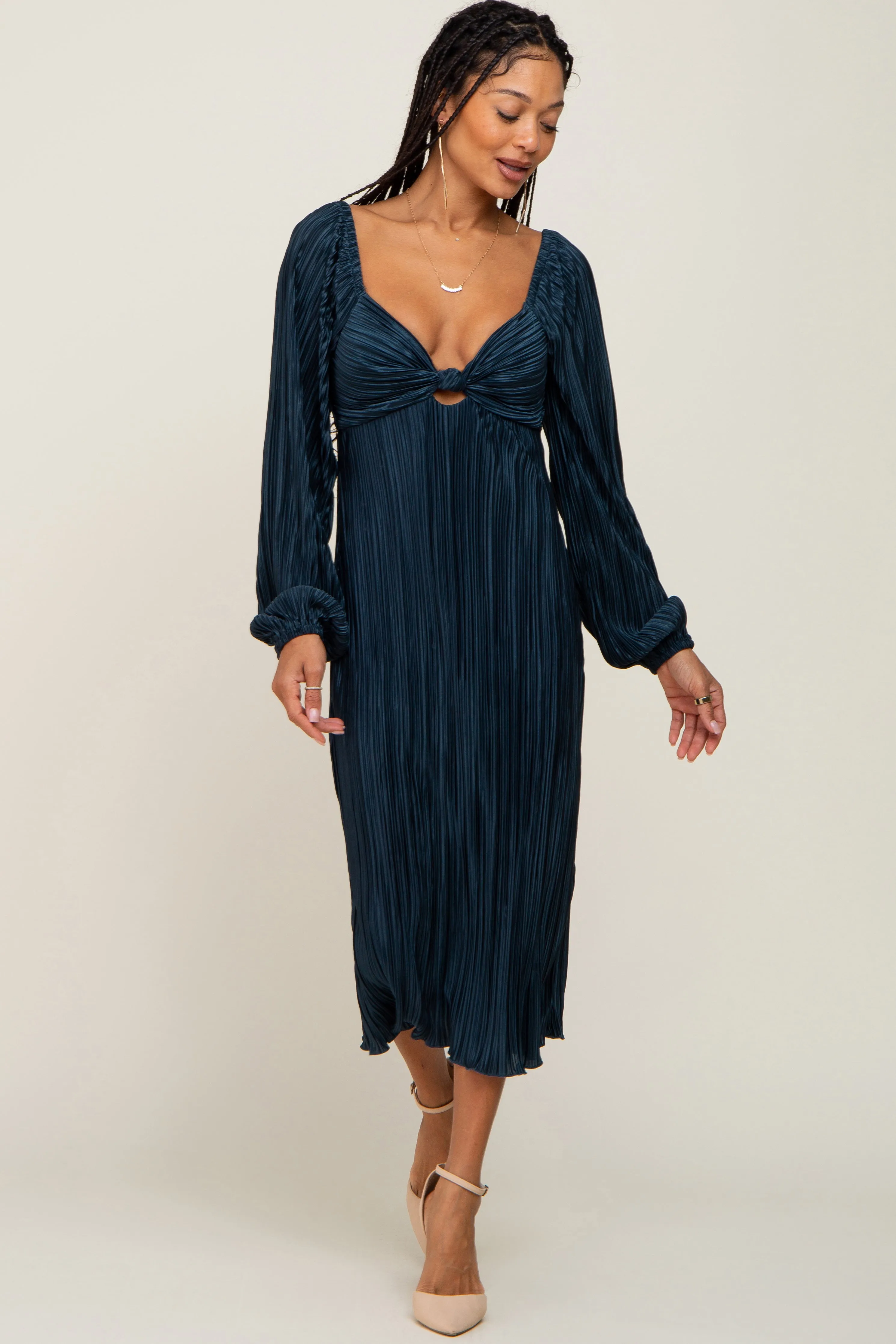 Teal Pleated Front Cutout Back Tie Midi Dress sold by Pinkblush