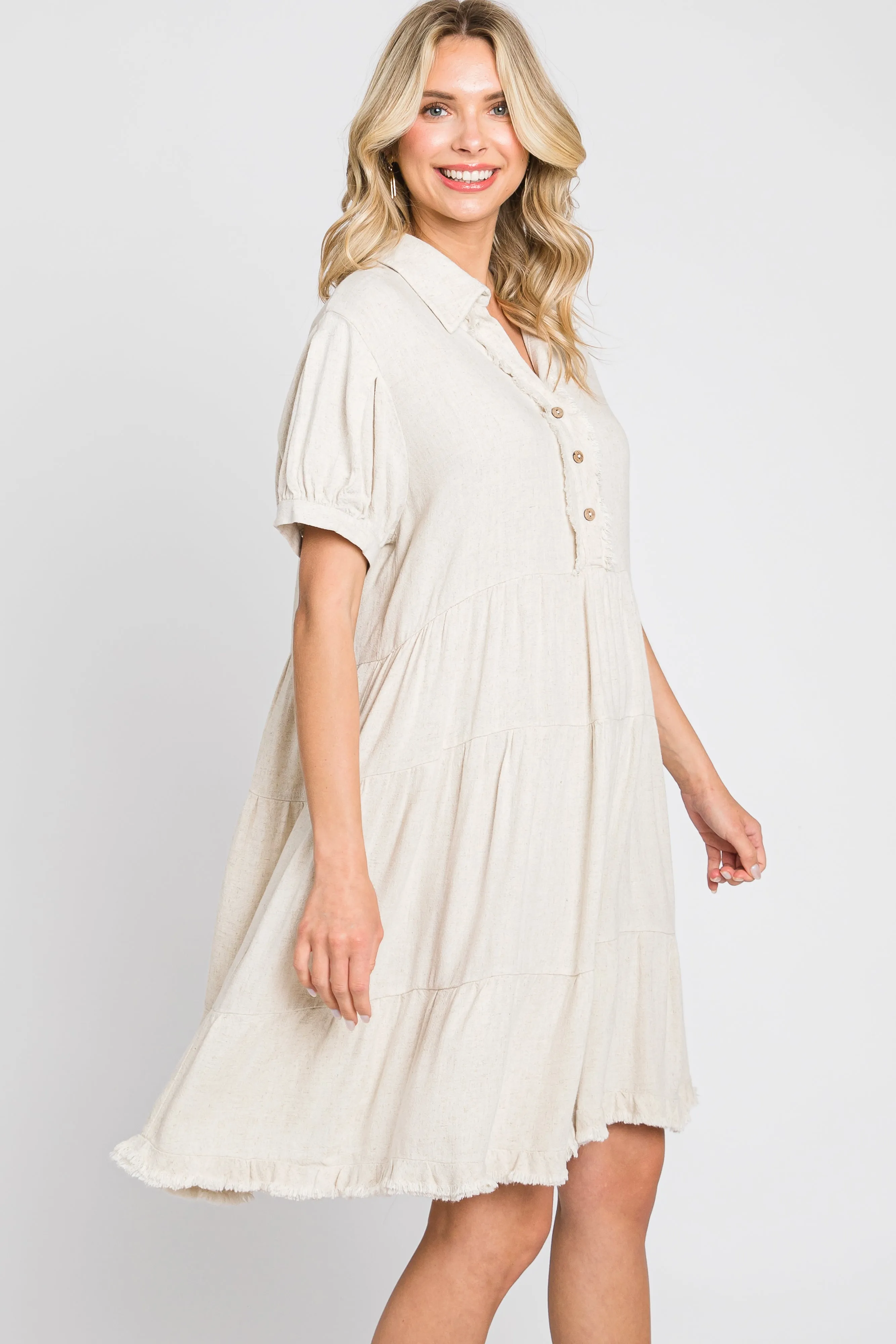 Cream Tiered Collared Linen Dress sold by Pinkblush product image thumbnail 3