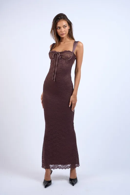 Chocolate Brown Floral Embroidered Lace Maxi Dress sold by Pinkblush