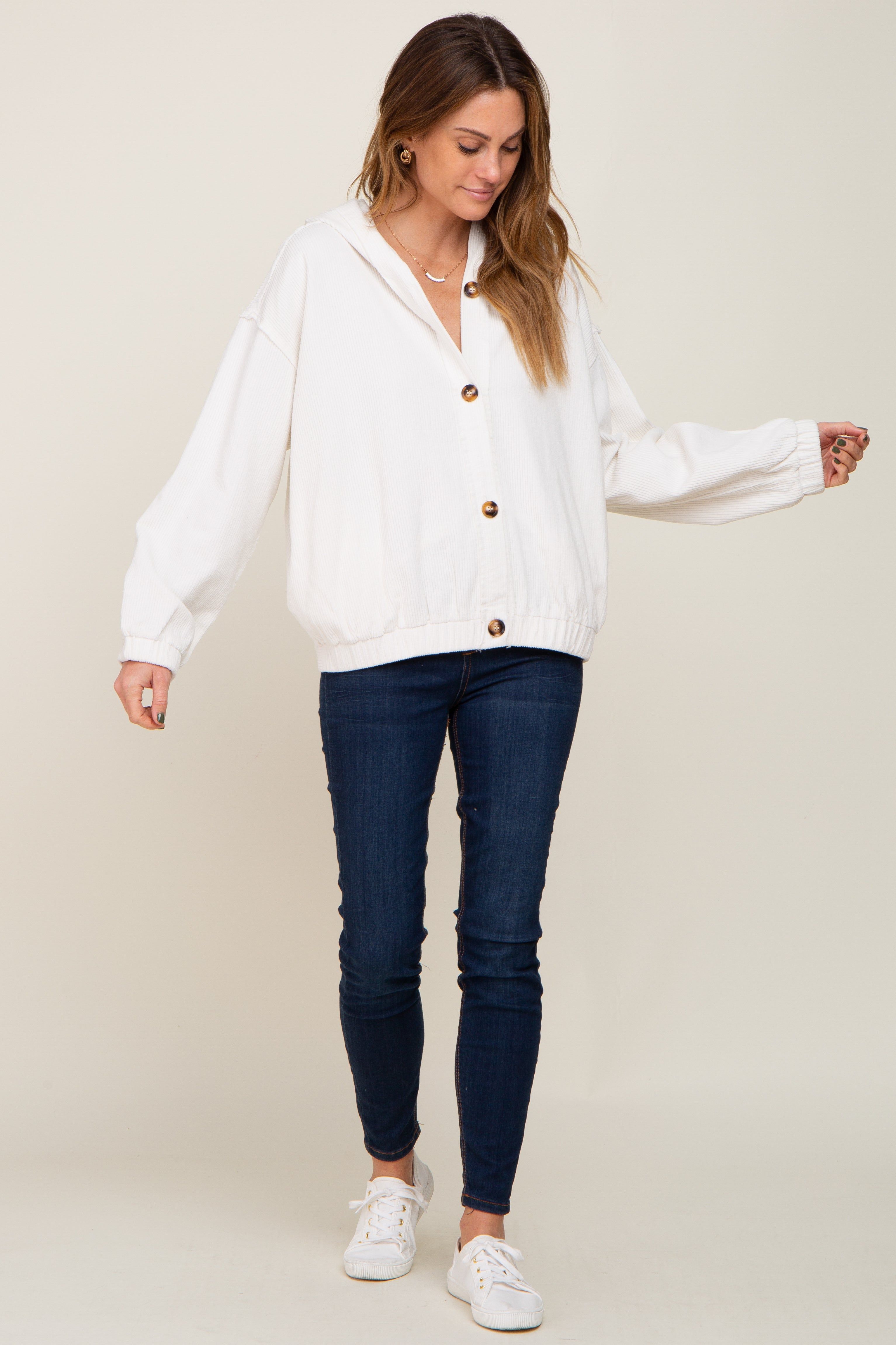 Ivory Corduroy Button Up Hooded Jacket sold by Pinkblush product image thumbnail 4
