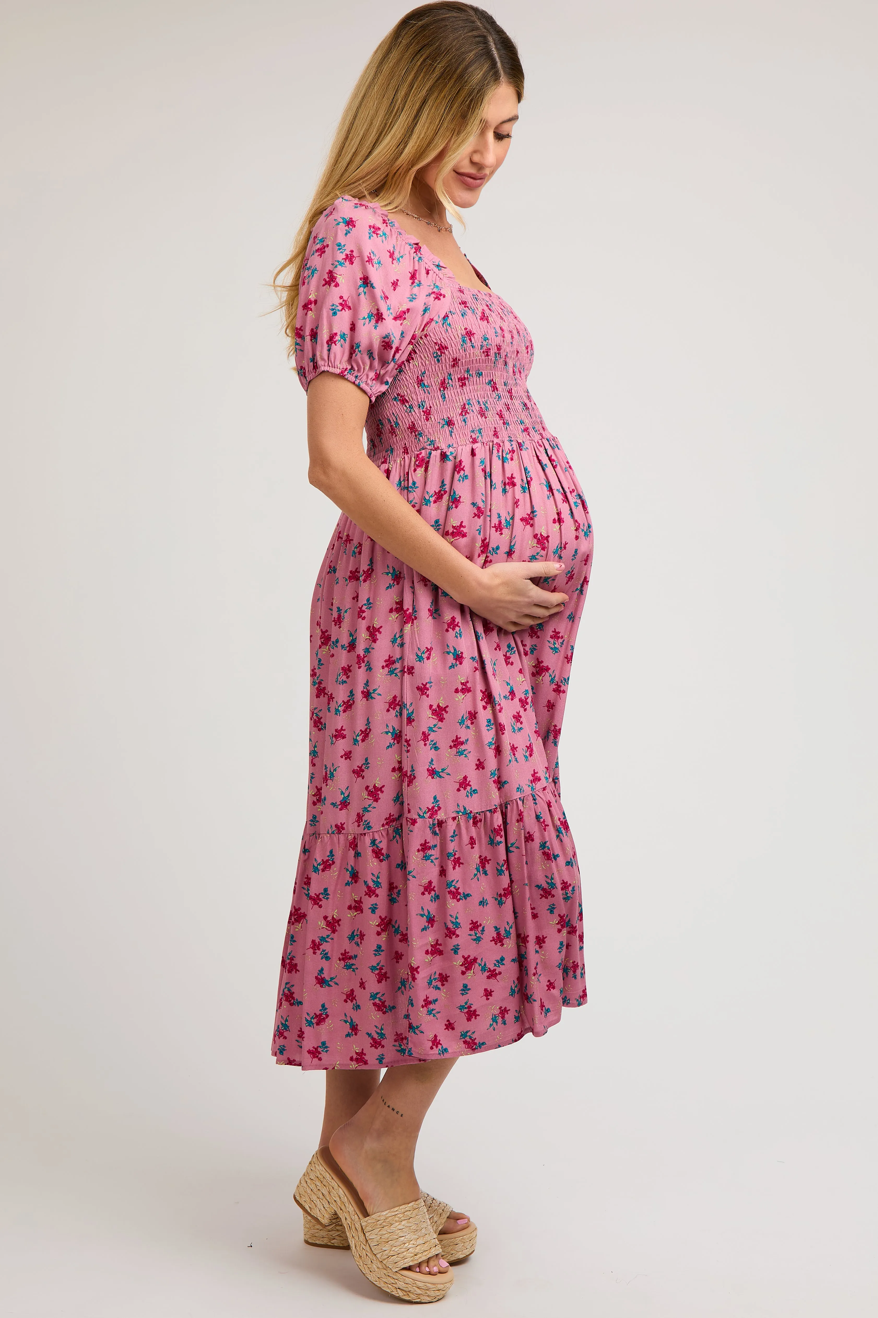 Pink Floral Smocked Short Sleeve Maternity Midi Dress sold by Pinkblush product image thumbnail 2