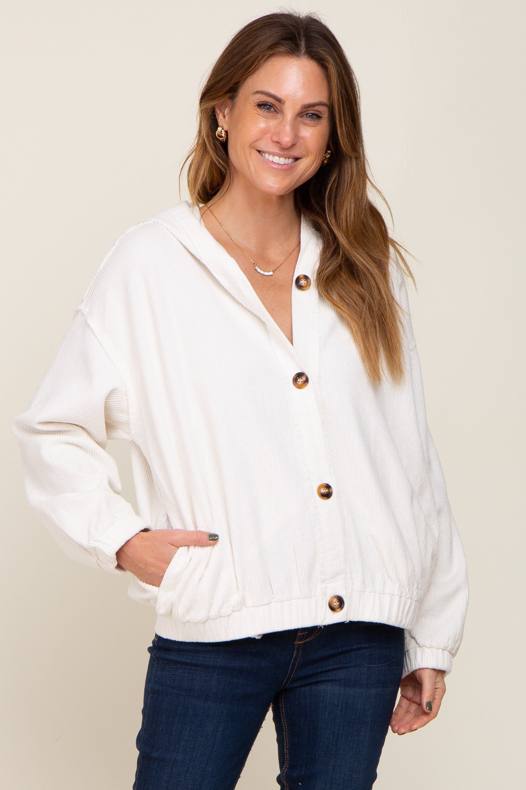 Ivory Corduroy Button Up Hooded Jacket sold by Pinkblush