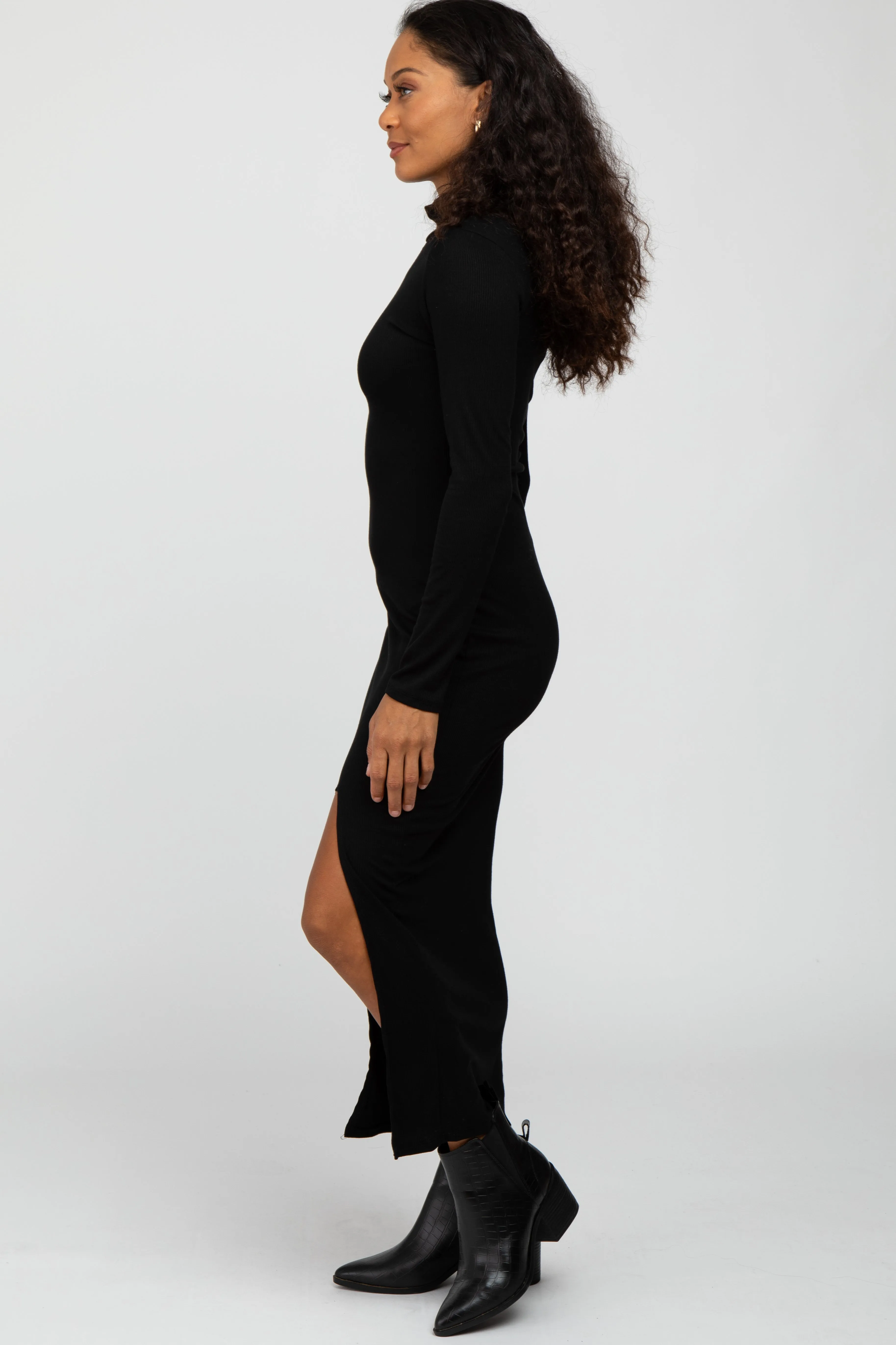Black Ribbed Mock Neck Side Slit Maxi Dress sold by Pinkblush product image thumbnail 3