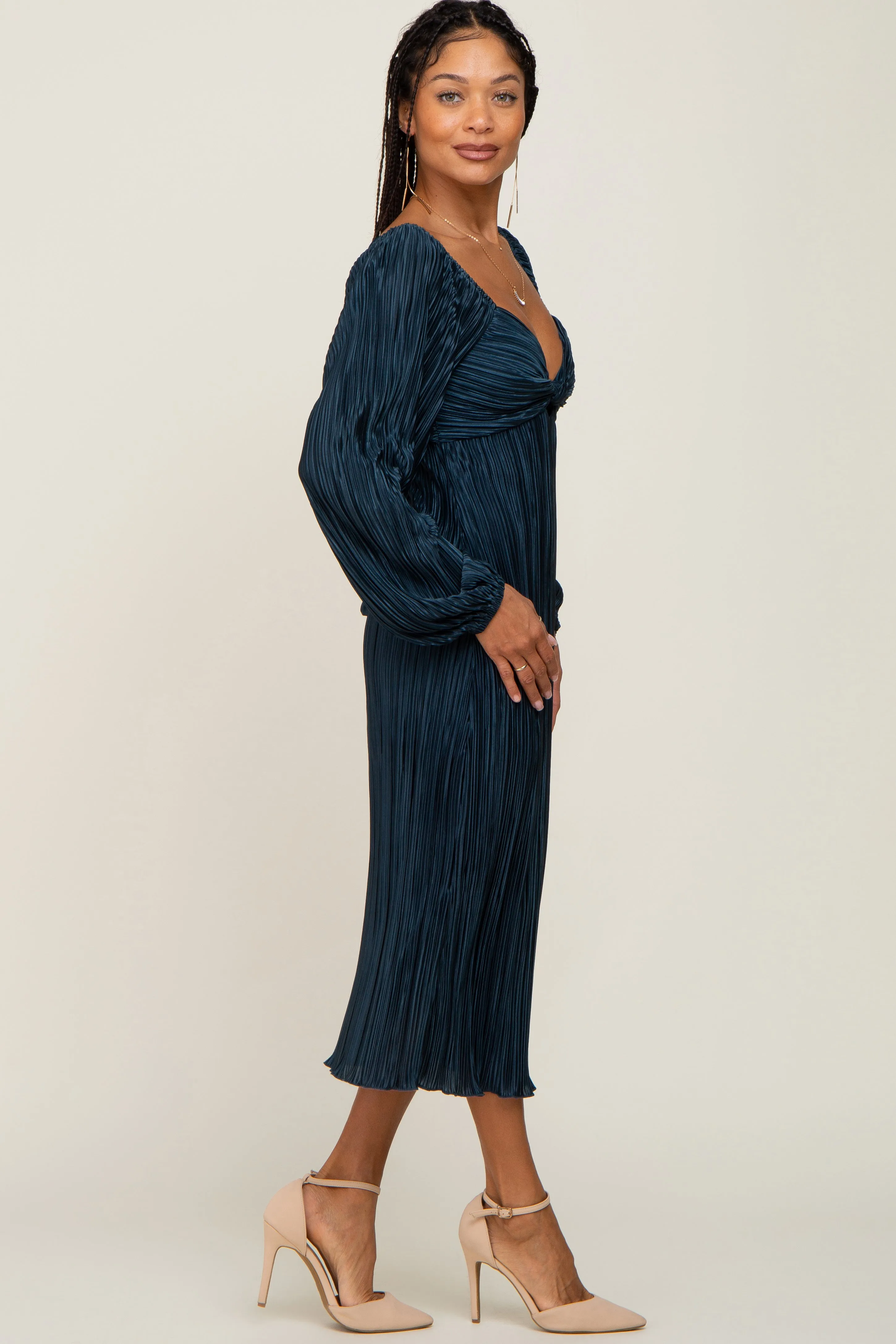 Teal Pleated Front Cutout Back Tie Midi Dress sold by Pinkblush product image thumbnail 2