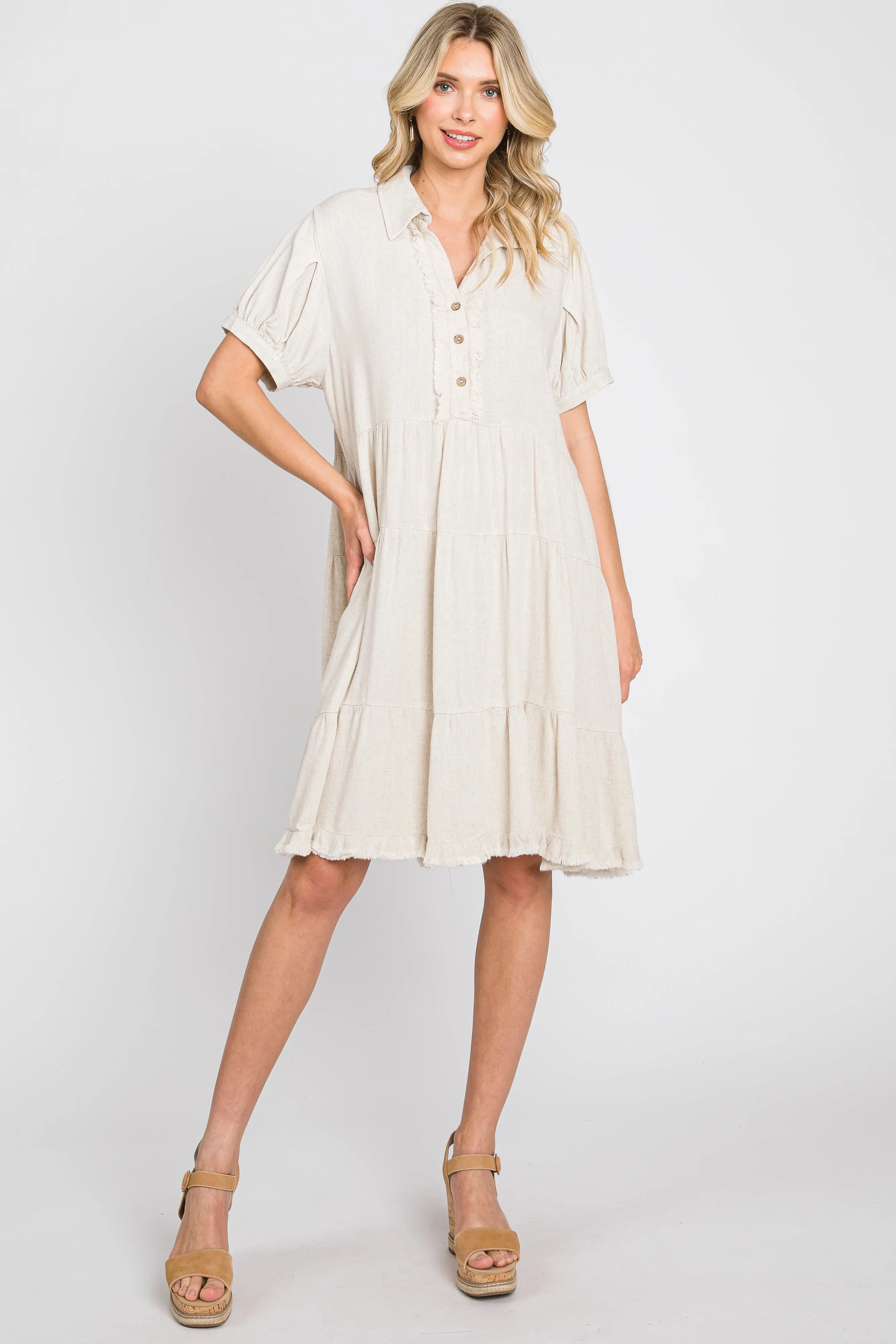 Cream Tiered Collared Linen Dress sold by Pinkblush