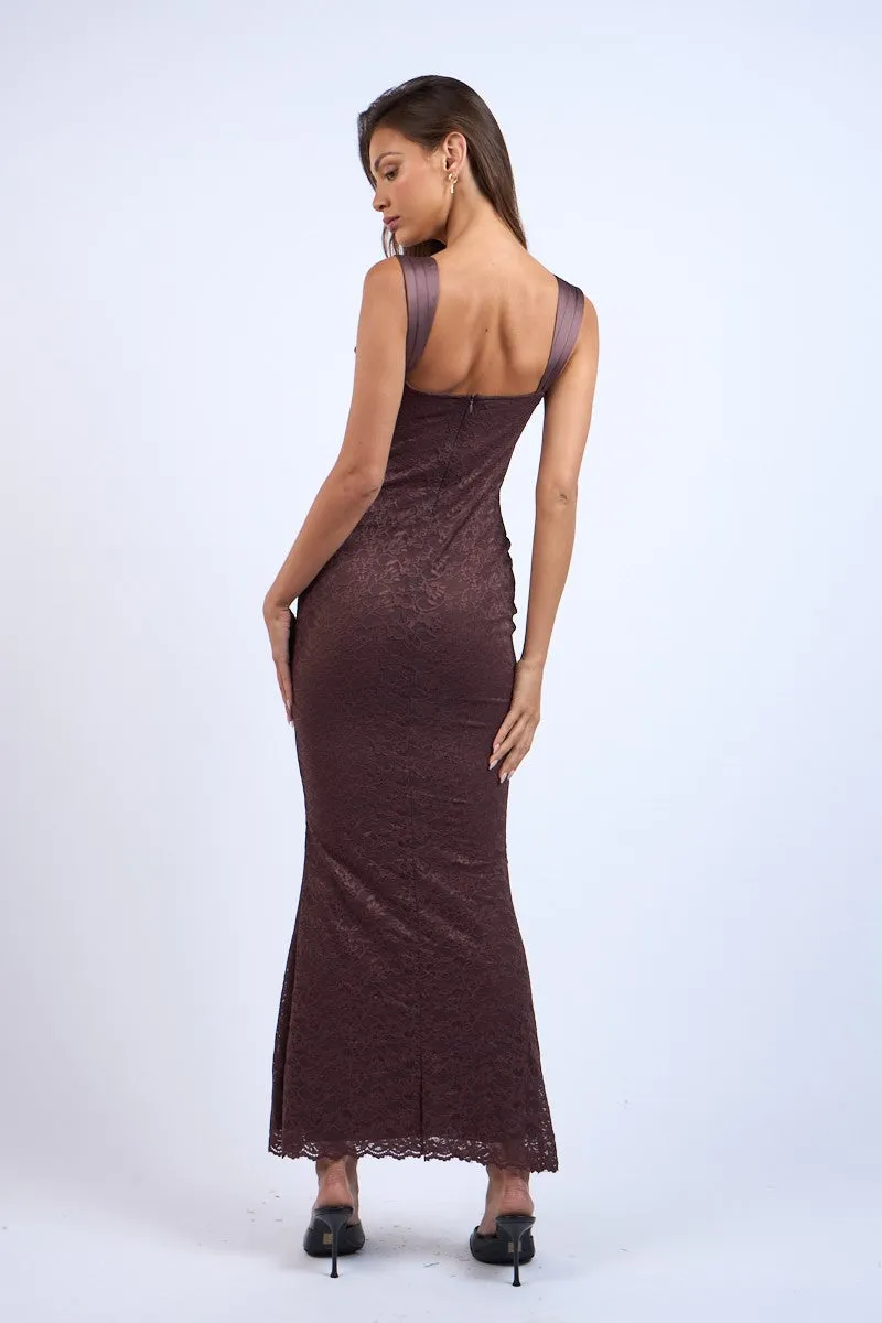 Chocolate Brown Floral Embroidered Lace Maxi Dress sold by Pinkblush product image thumbnail 5