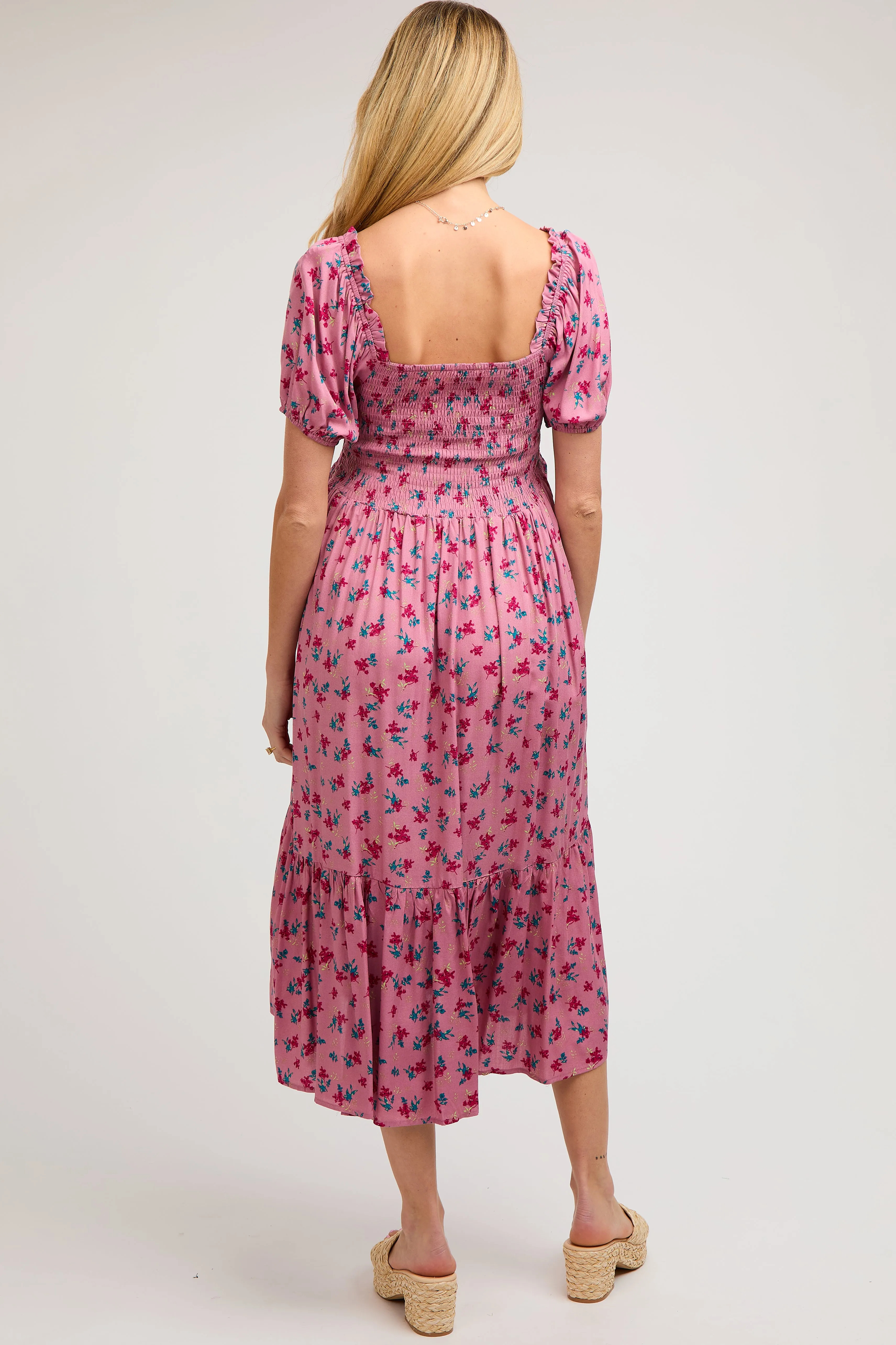 Pink Floral Smocked Short Sleeve Maternity Midi Dress sold by Pinkblush product image thumbnail 3