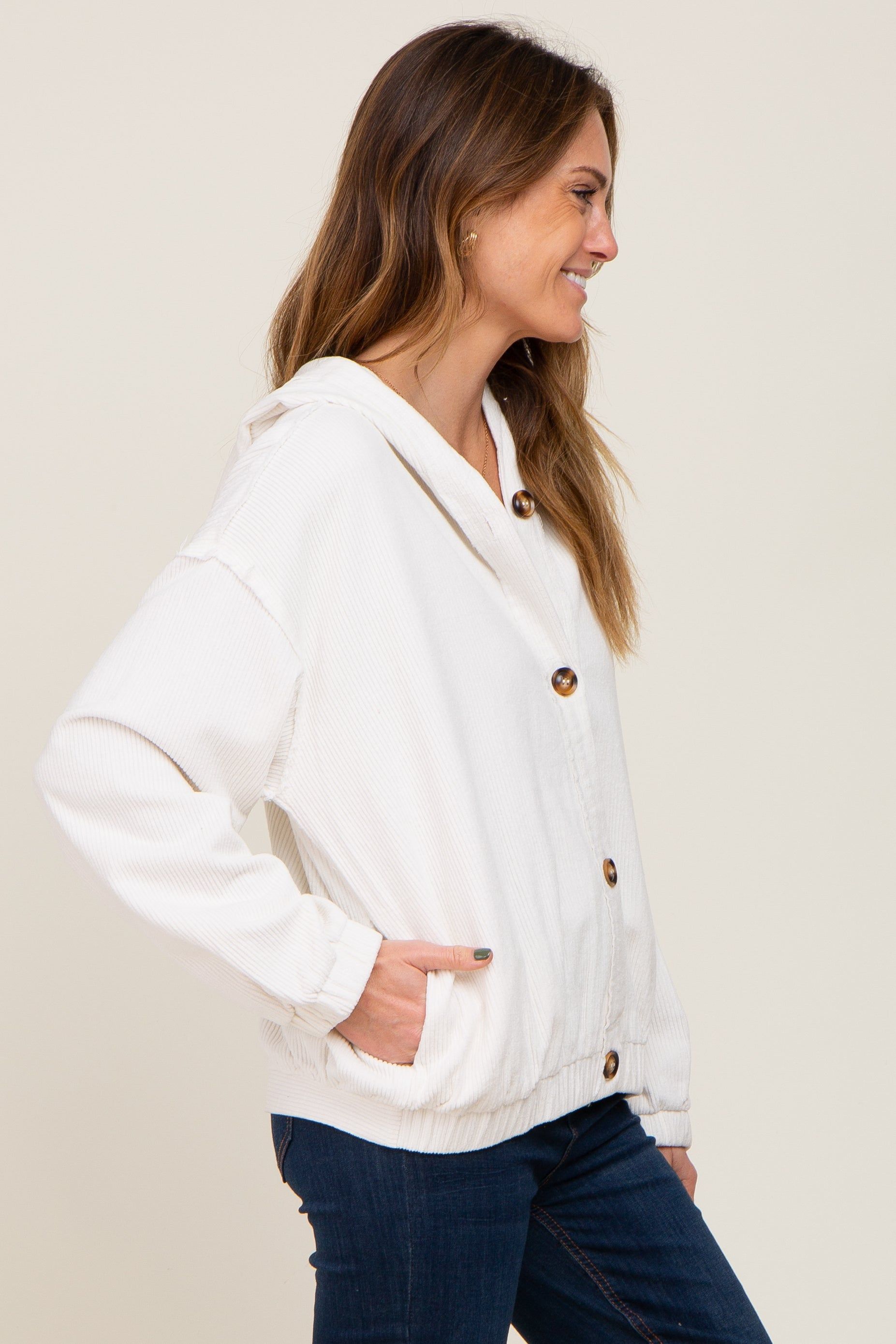 Ivory Corduroy Button Up Hooded Jacket sold by Pinkblush product image thumbnail 2