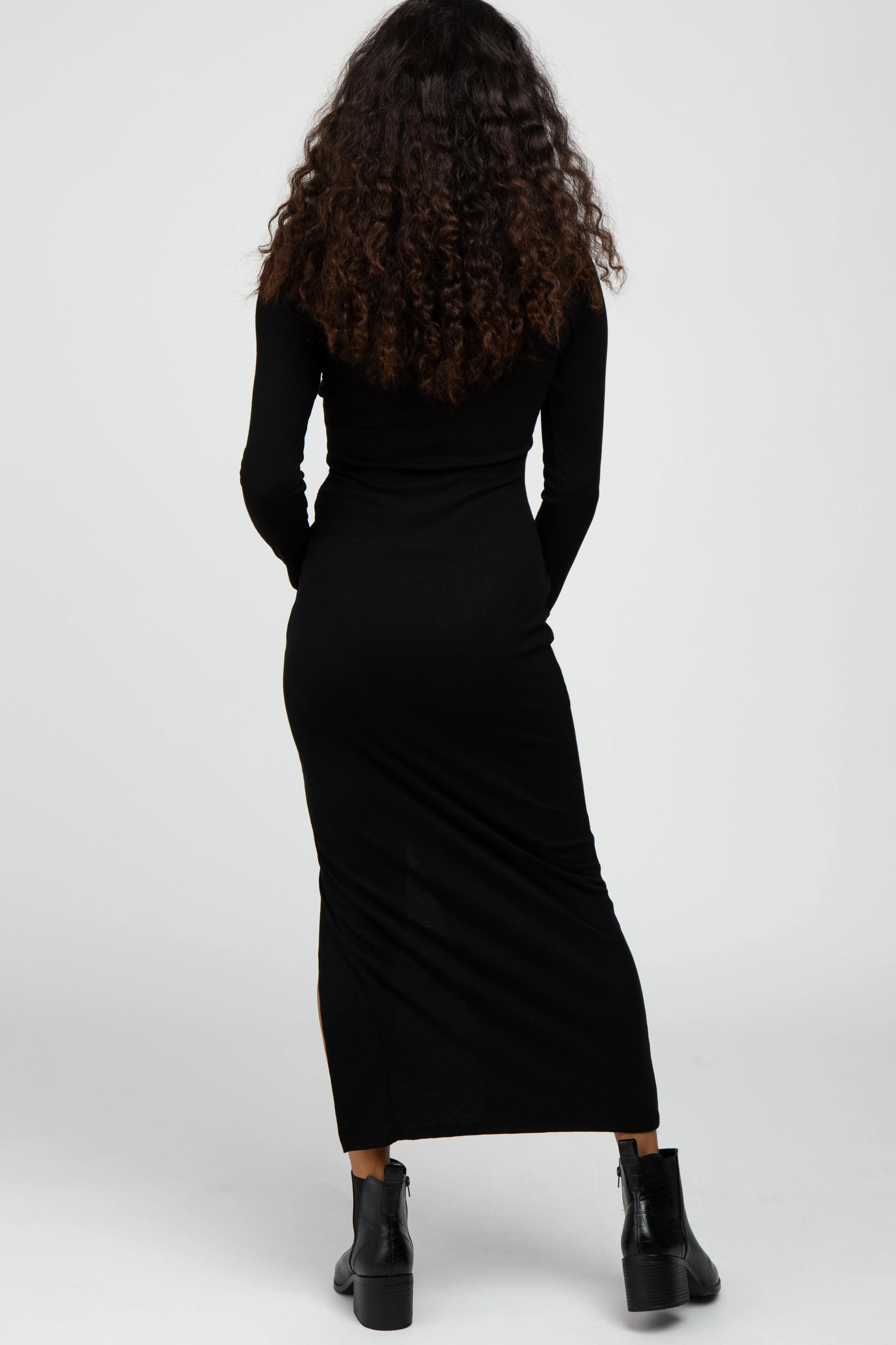 Black Ribbed Mock Neck Side Slit Maxi Dress sold by Pinkblush product image thumbnail 4