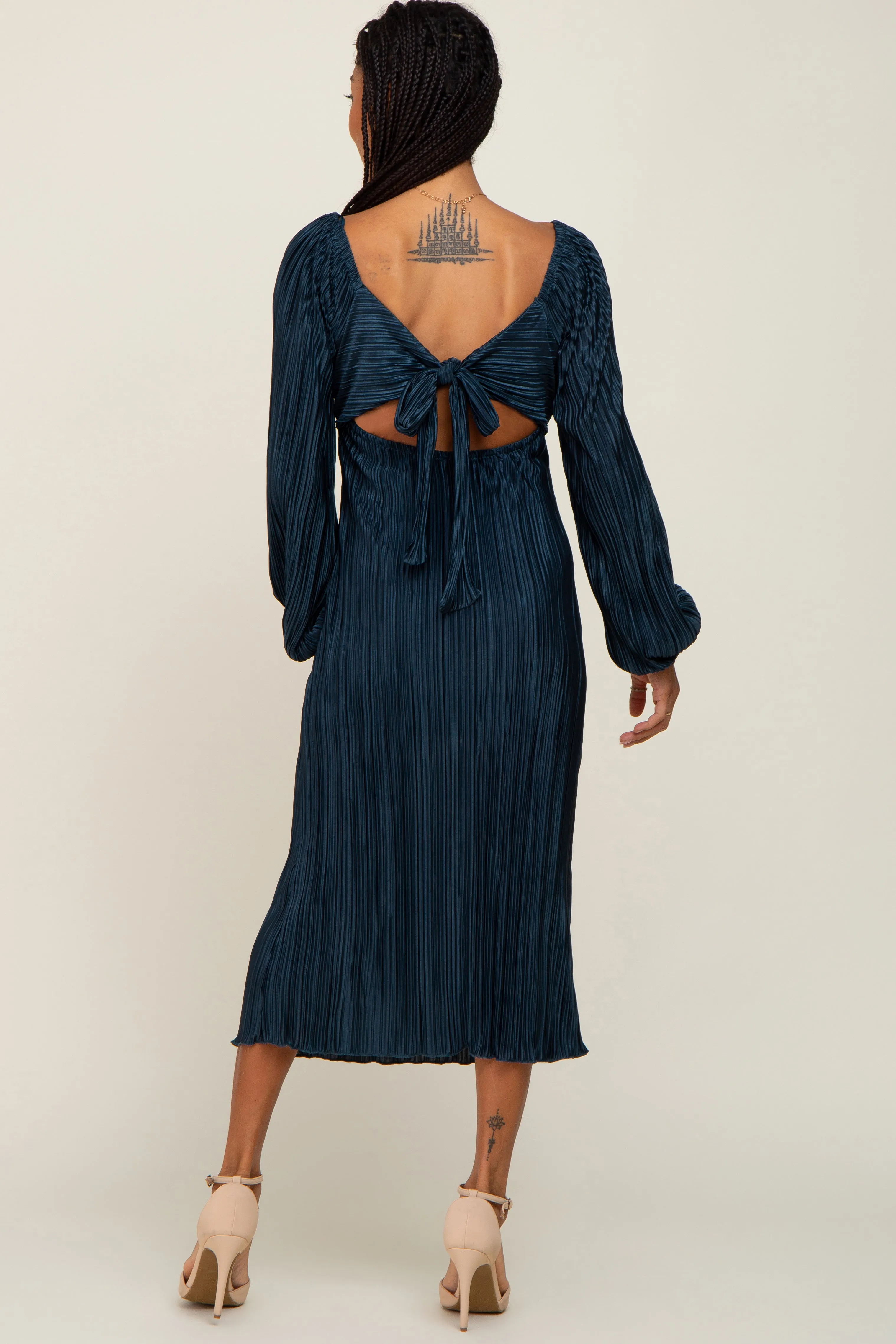 Teal Pleated Front Cutout Back Tie Midi Dress sold by Pinkblush product image thumbnail 3