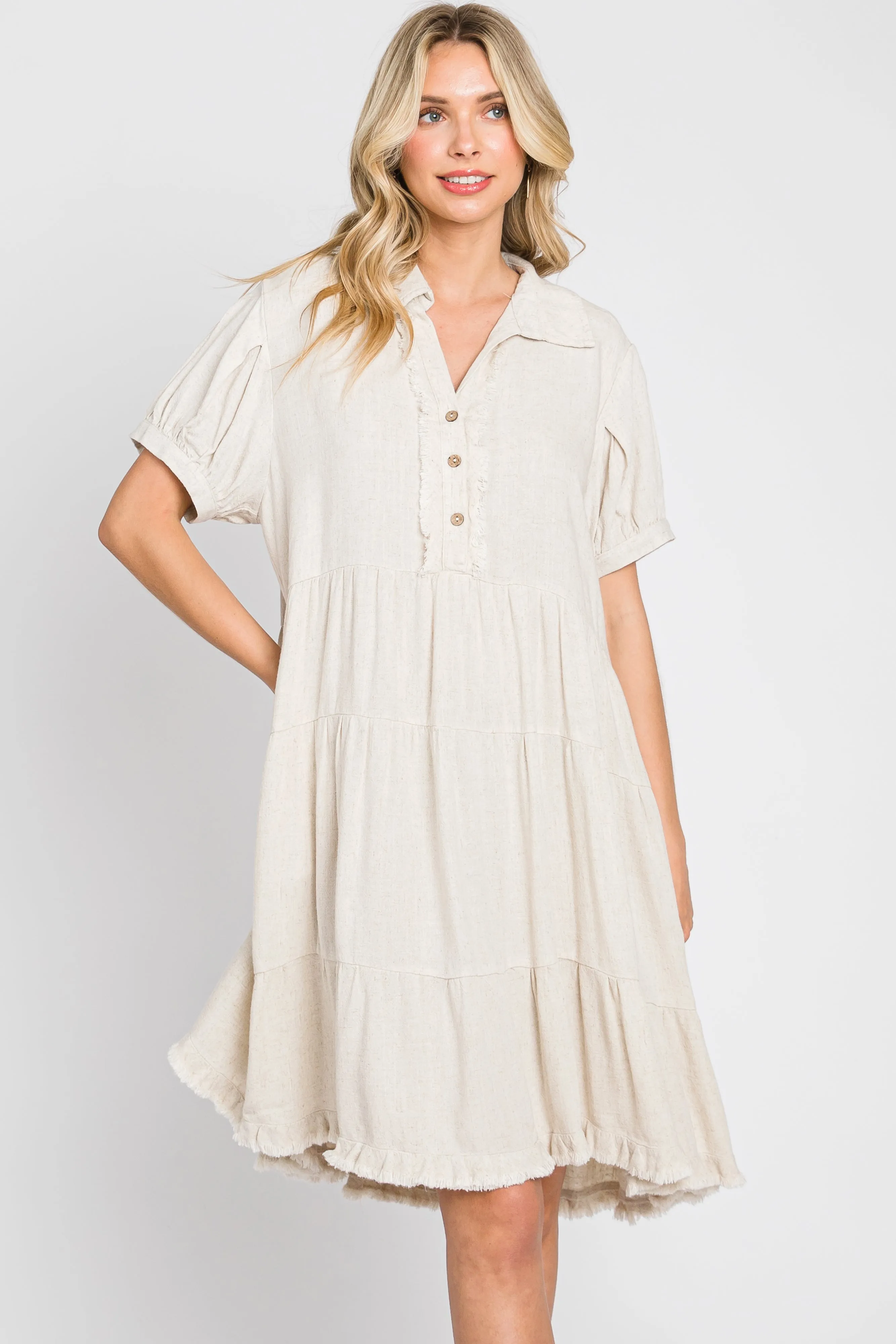 Cream Tiered Collared Linen Dress sold by Pinkblush product image thumbnail 2
