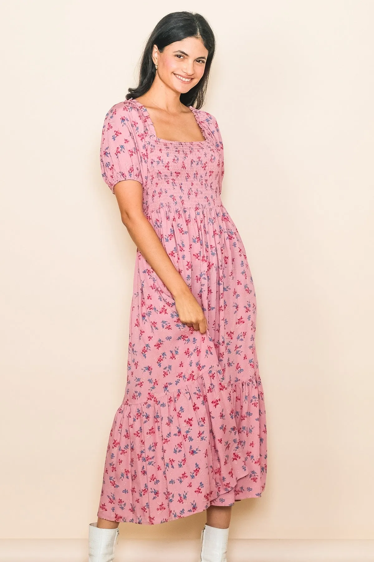 Pink Floral Smocked Short Sleeve Maternity Midi Dress sold by Pinkblush product image thumbnail 4