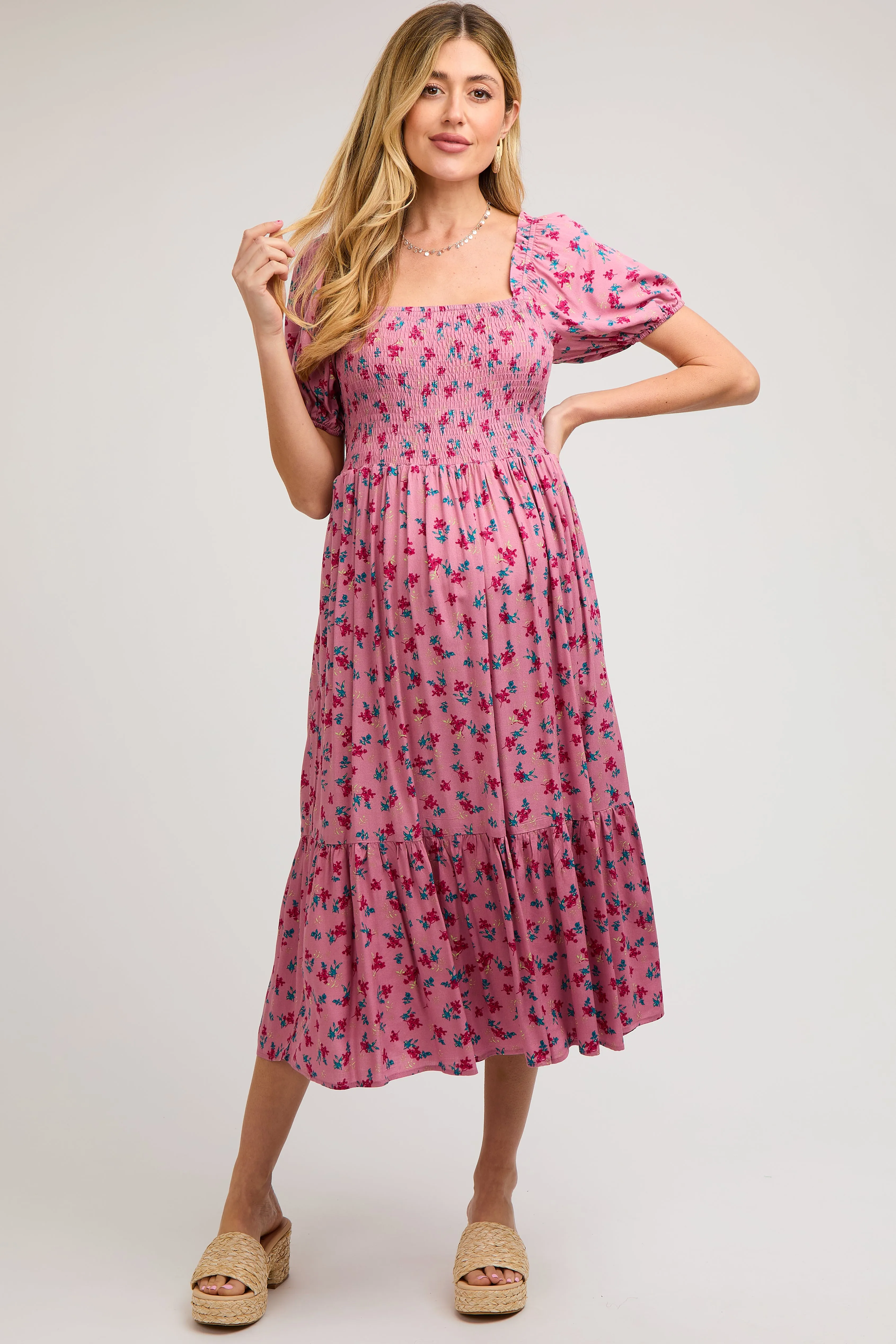Pink Floral Smocked Short Sleeve Maternity Midi Dress sold by Pinkblush