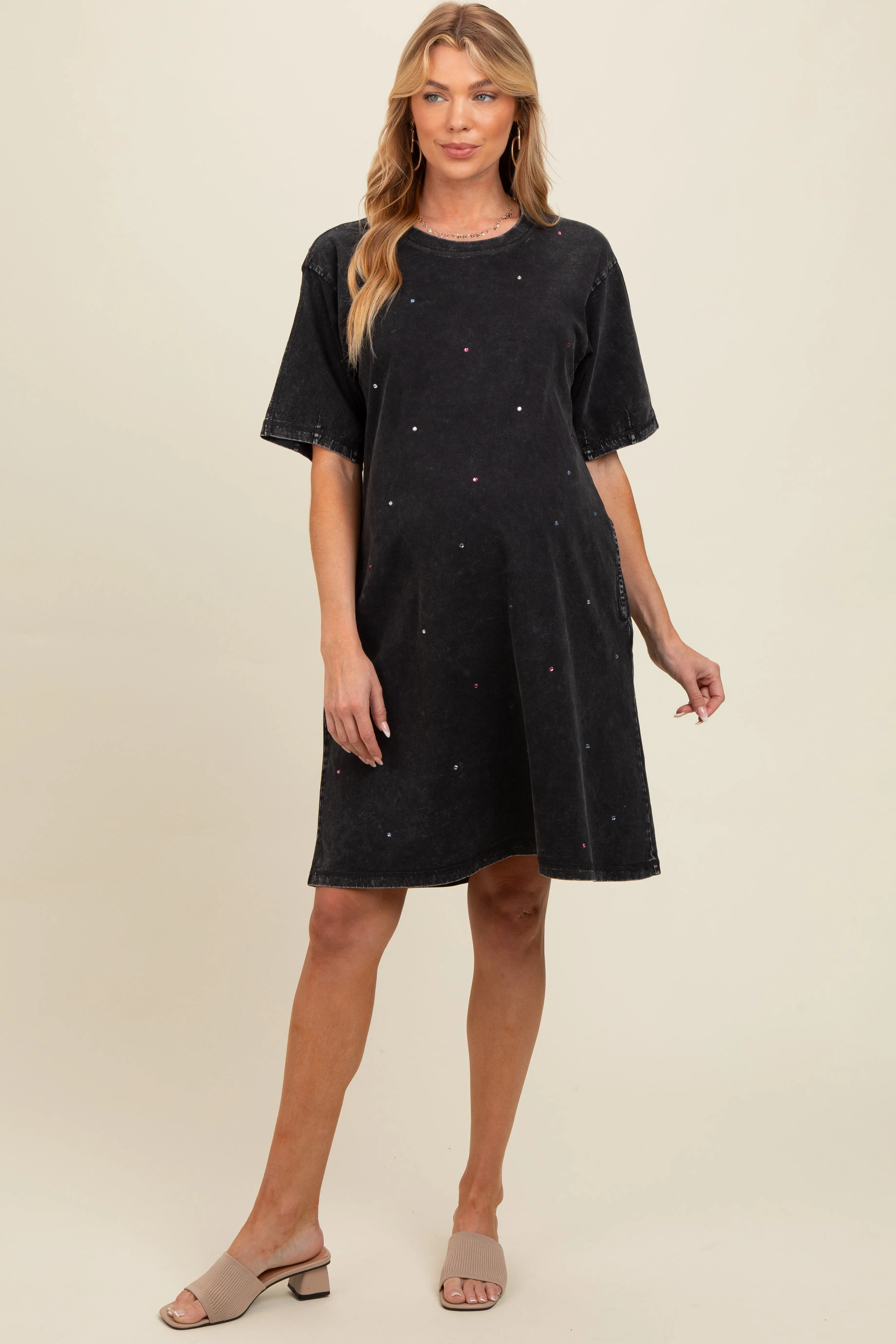 Black Rhinestone Mineral Washed Maternity T-Shirt Dress sold by Pinkblush