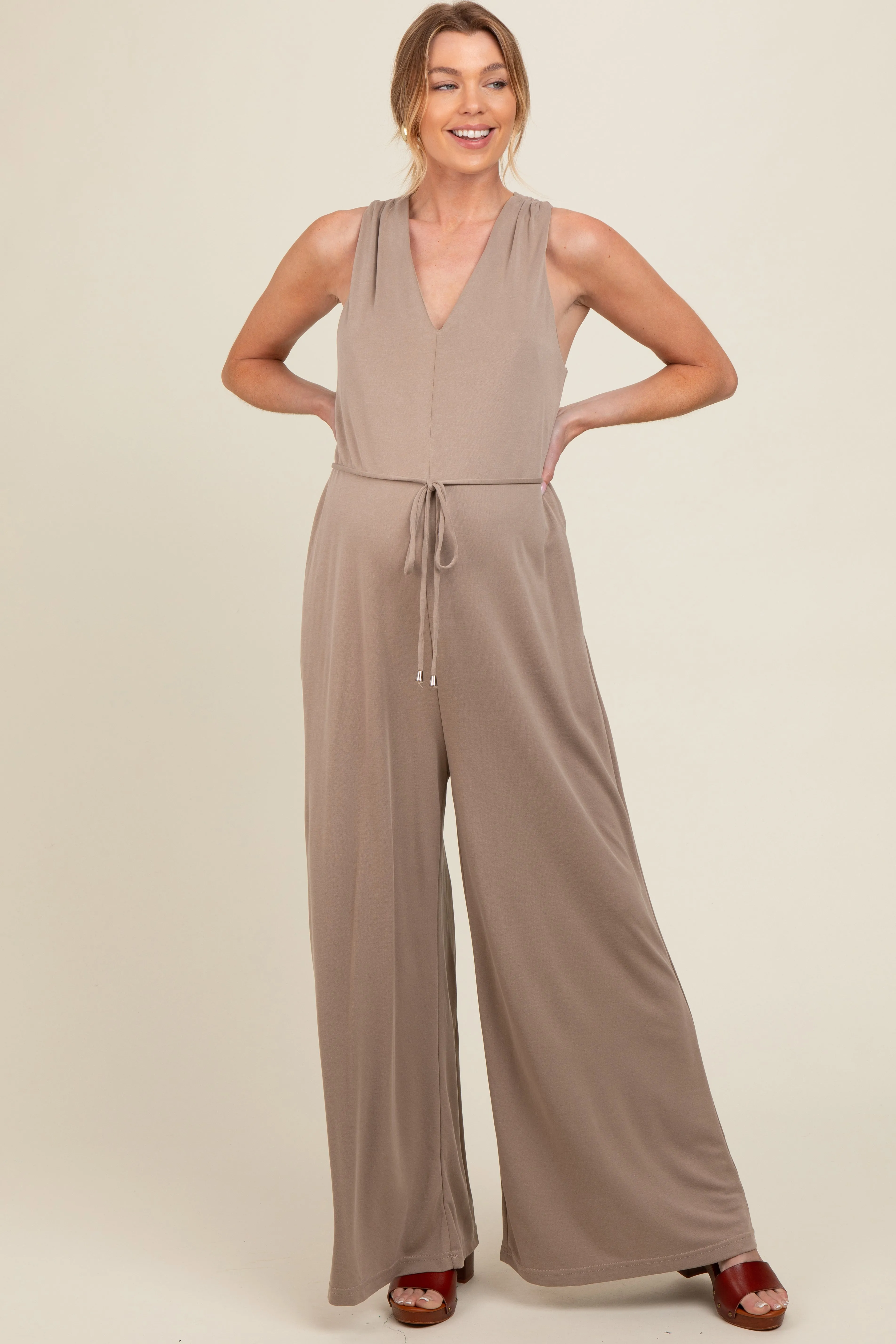 Mocha Racerback Wide Leg Maternity Jumpsuit sold by Pinkblush product image thumbnail 2