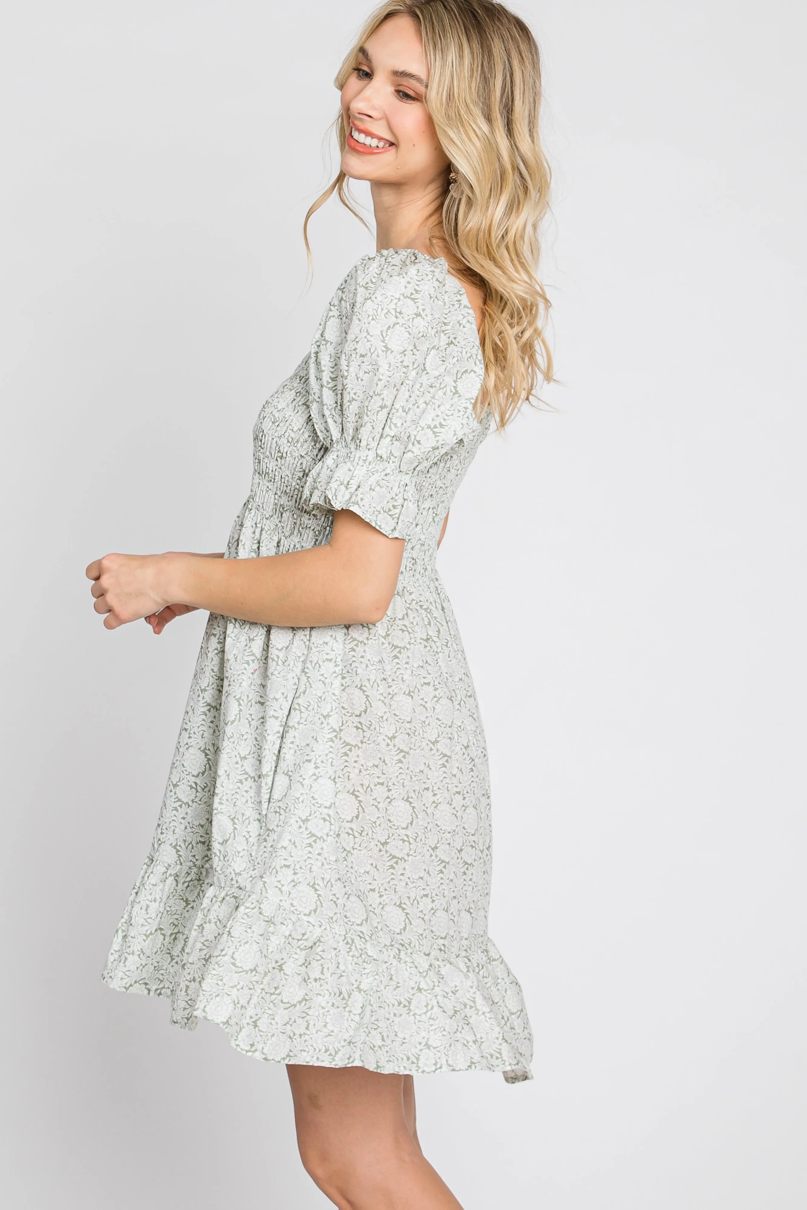 Light Olive Floral Square Neck Smocked Ruffle Hem Dress sold by Pinkblush product image thumbnail 5