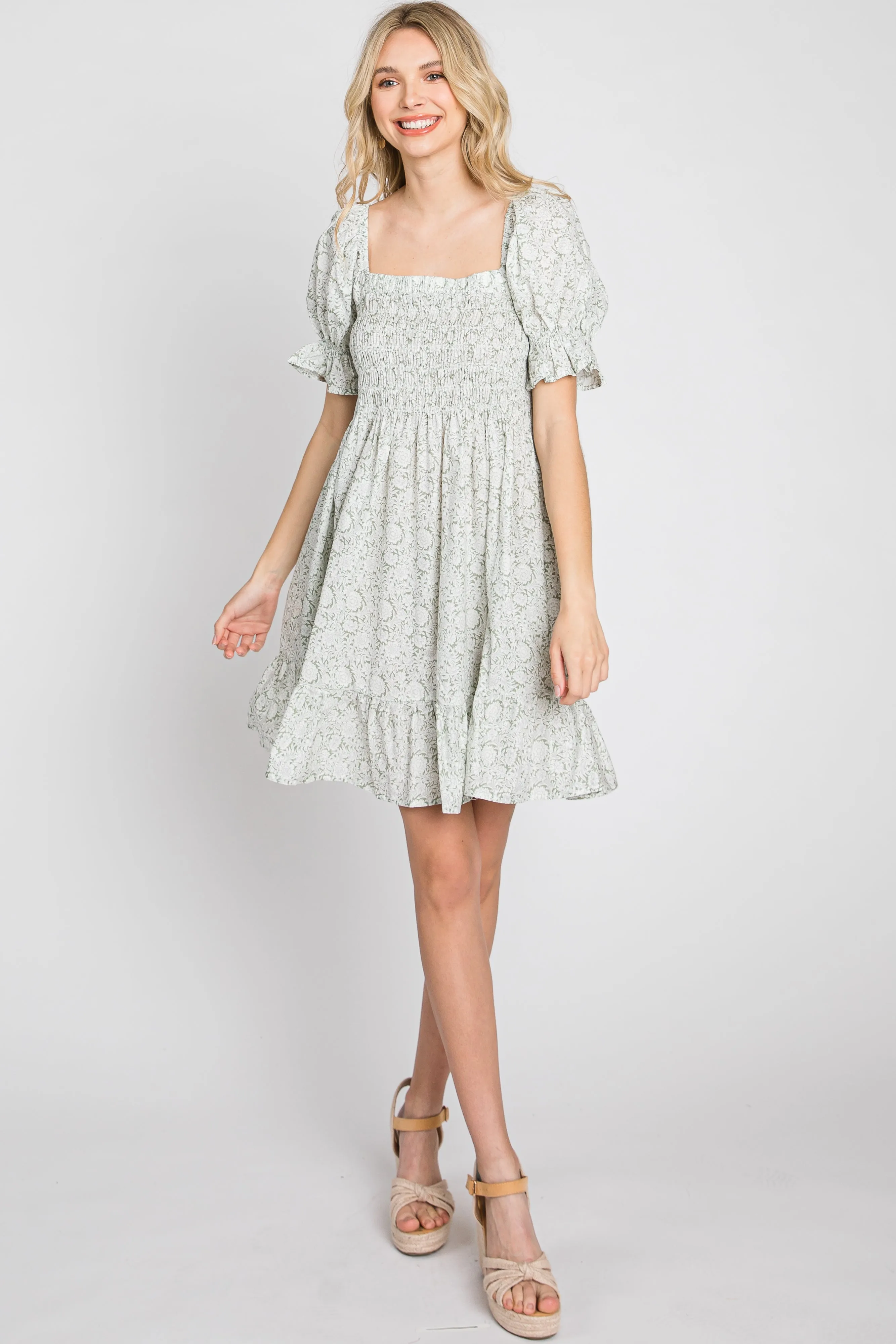 Light Olive Floral Square Neck Smocked Ruffle Hem Dress sold by Pinkblush product image thumbnail 2