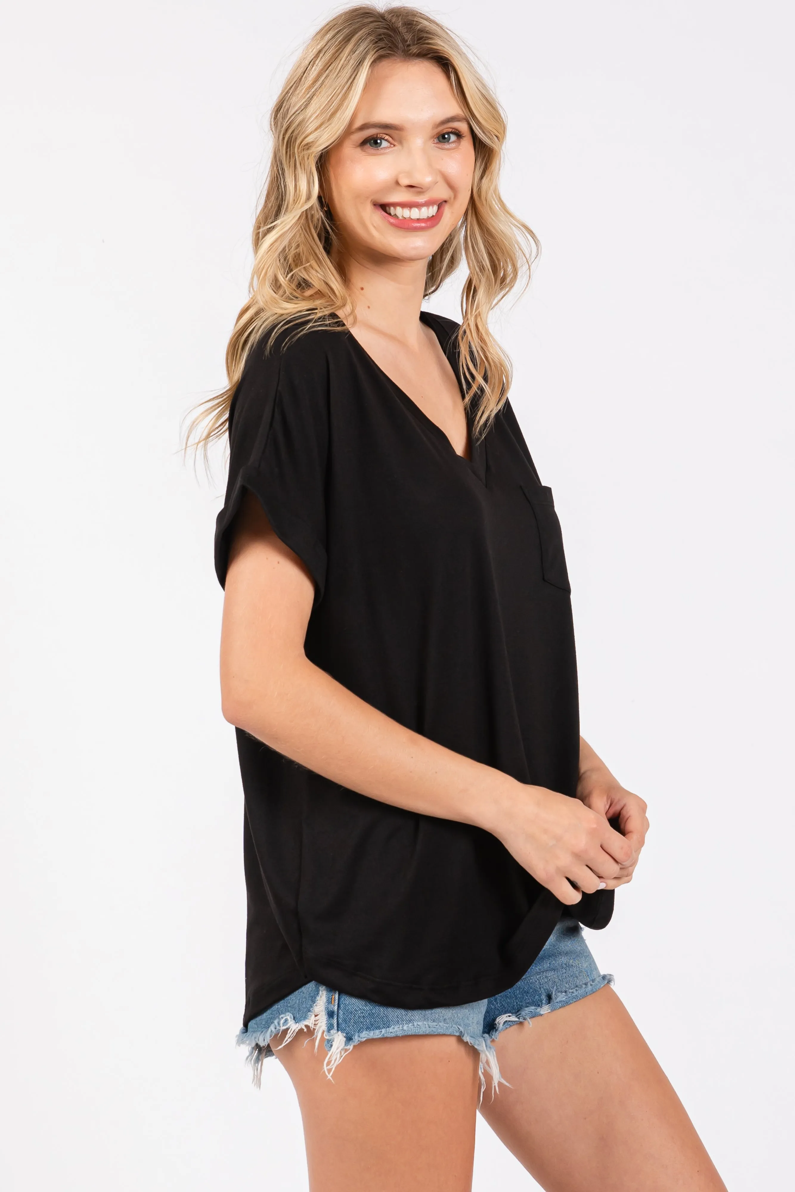 Black V-Neck Pocket Short Sleeve Shirt sold by Pinkblush product image thumbnail 2