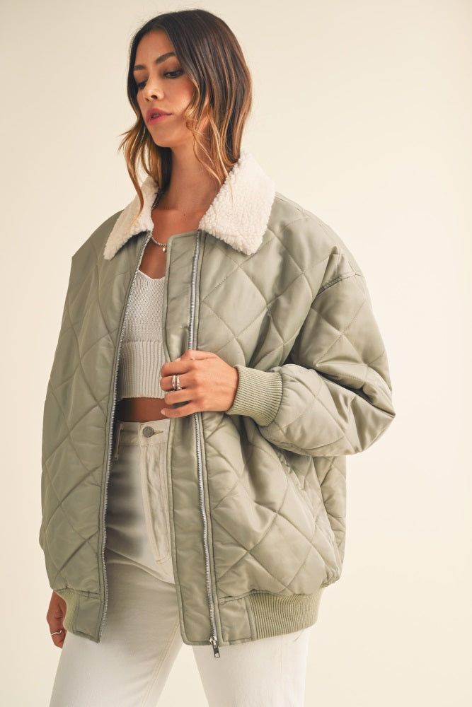 Light Olive Quilted Sherpa Collar Jacket sold by Pinkblush