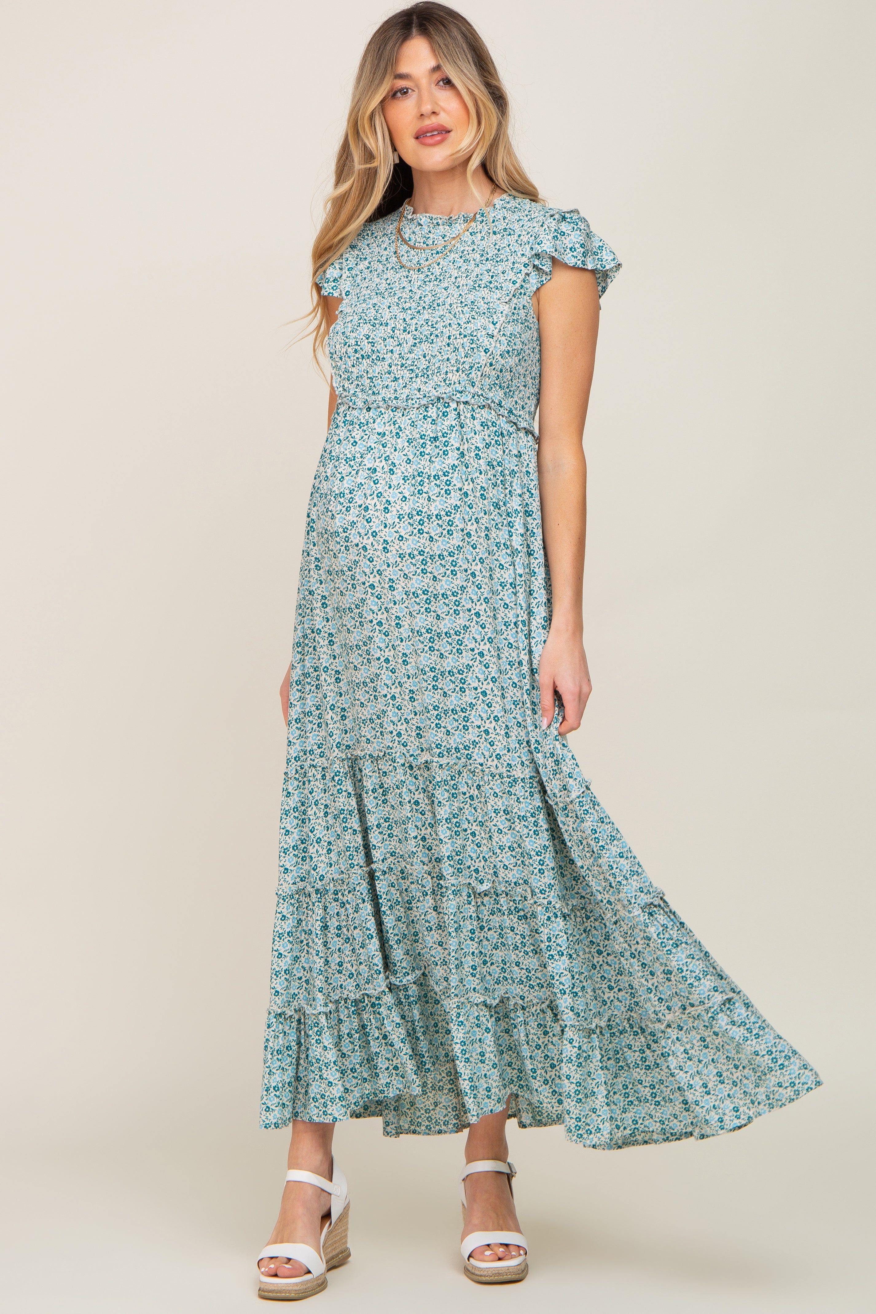 Teal Floral Tiered Maternity Maxi Dress sold by Pinkblush product image thumbnail 5