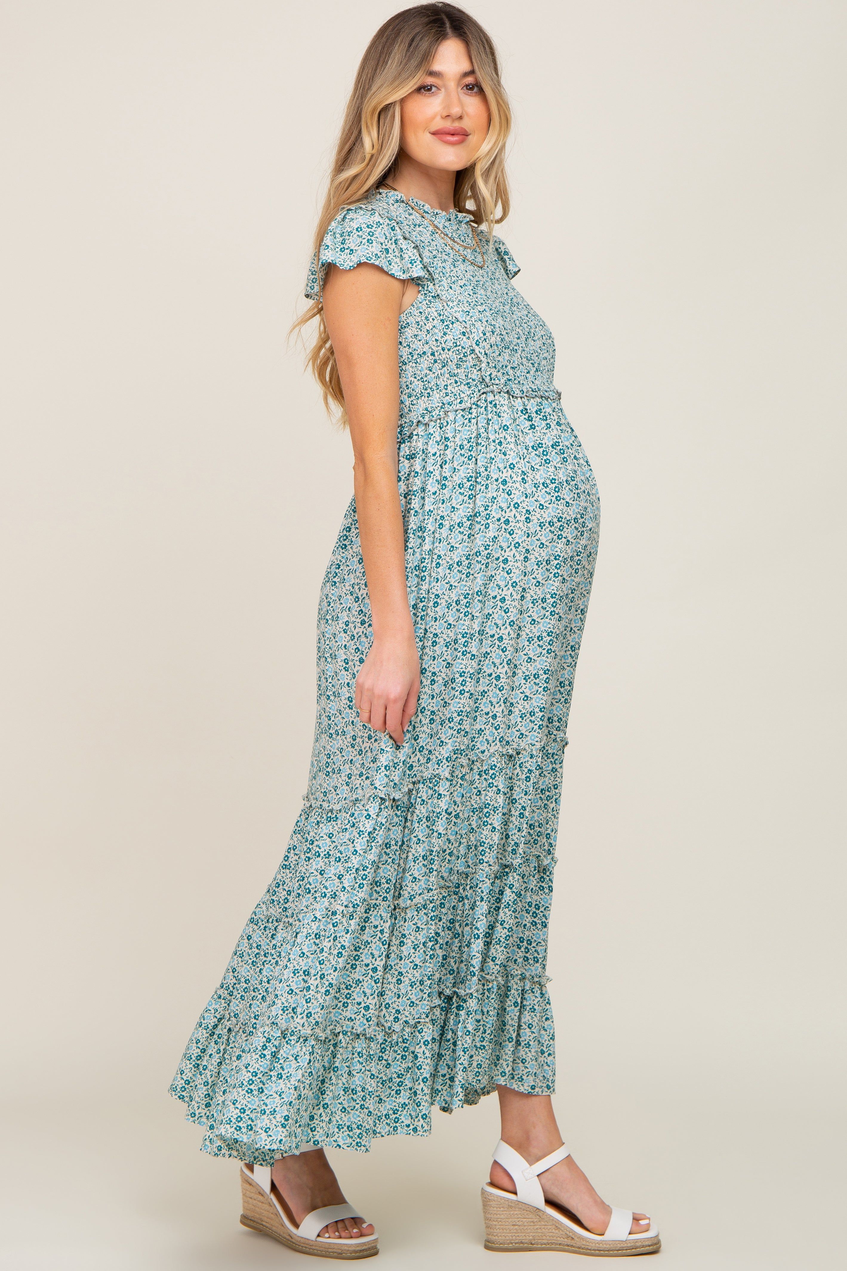 Teal Floral Tiered Maternity Maxi Dress sold by Pinkblush product image thumbnail 2