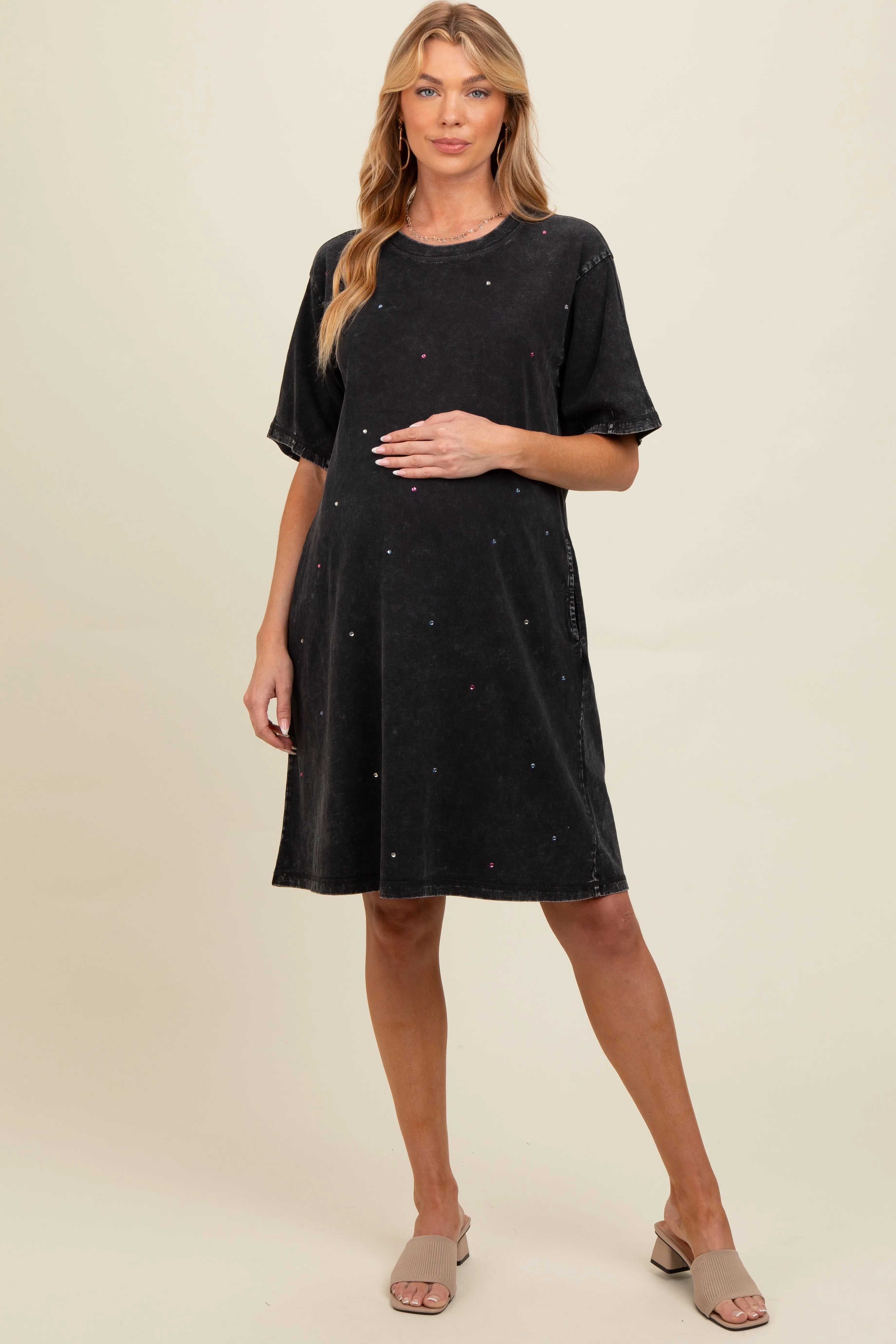 Black Rhinestone Mineral Washed Maternity T-Shirt Dress sold by Pinkblush product image thumbnail 2