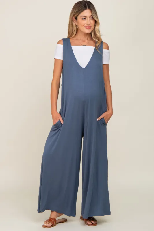 Blue Deep V Sleeveless Wide Leg Maternity Jumpsuit sold by Pinkblush