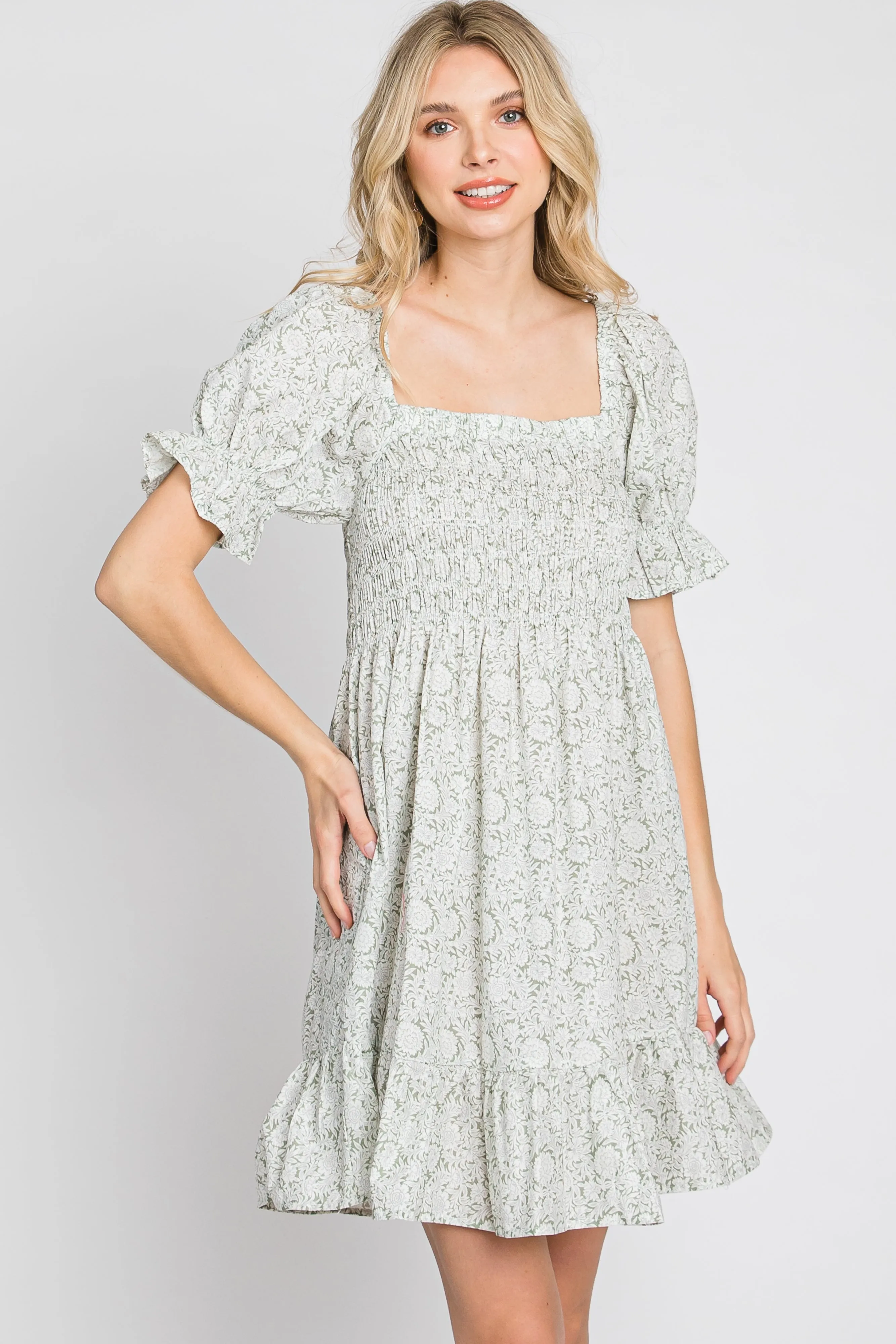 Light Olive Floral Square Neck Smocked Ruffle Hem Dress sold by Pinkblush product image thumbnail 3