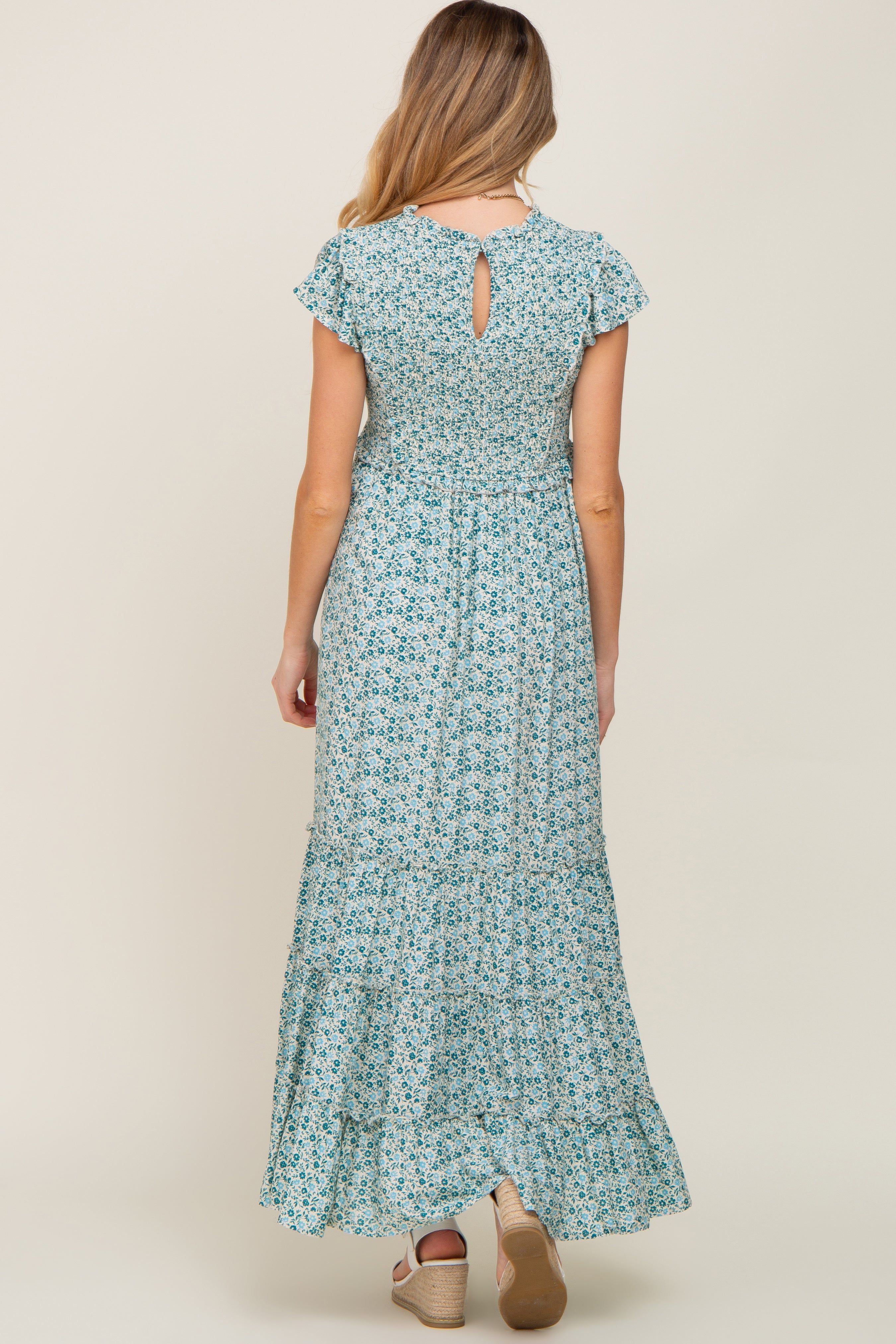 Teal Floral Tiered Maternity Maxi Dress sold by Pinkblush product image thumbnail 3
