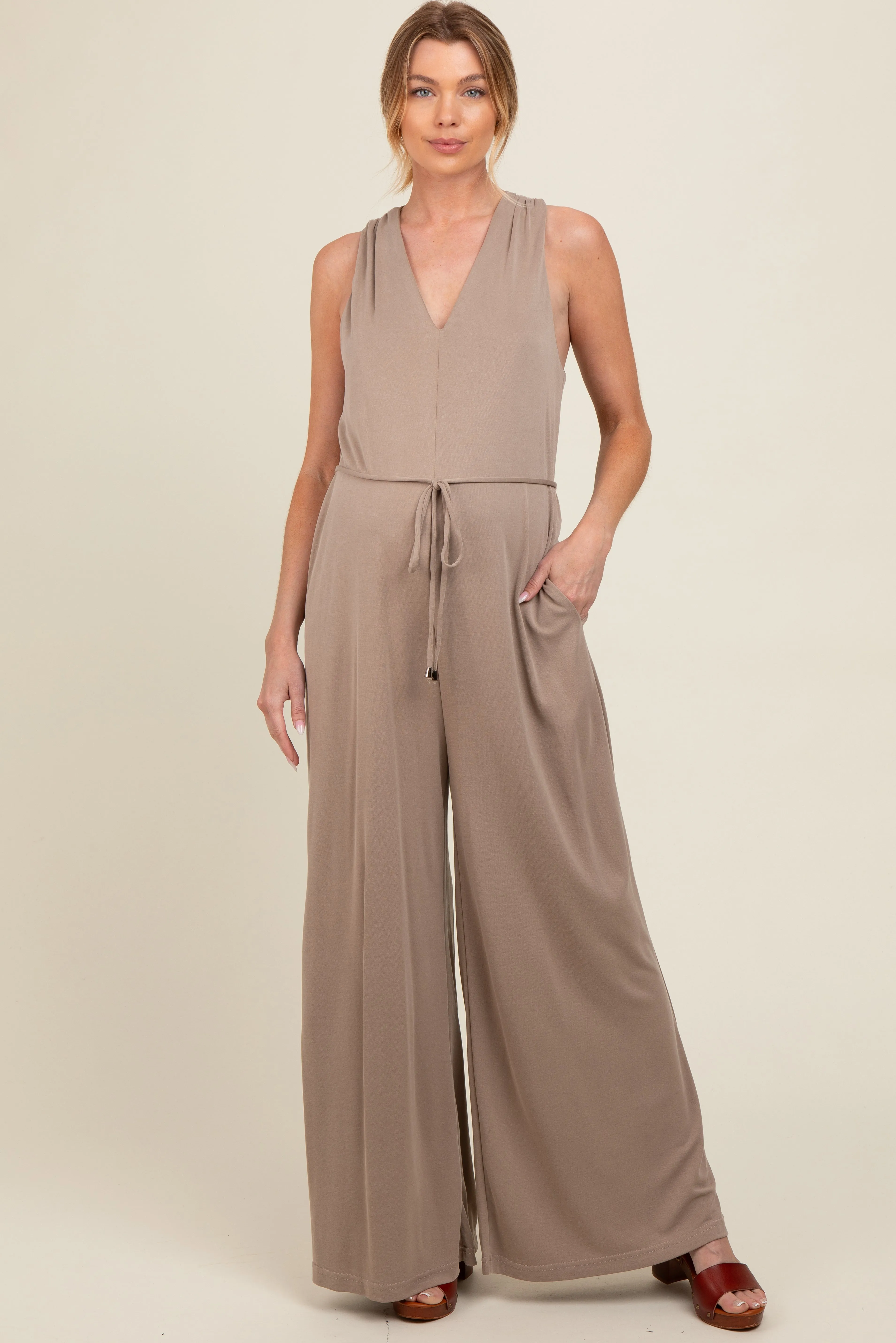Mocha Racerback Wide Leg Maternity Jumpsuit sold by Pinkblush