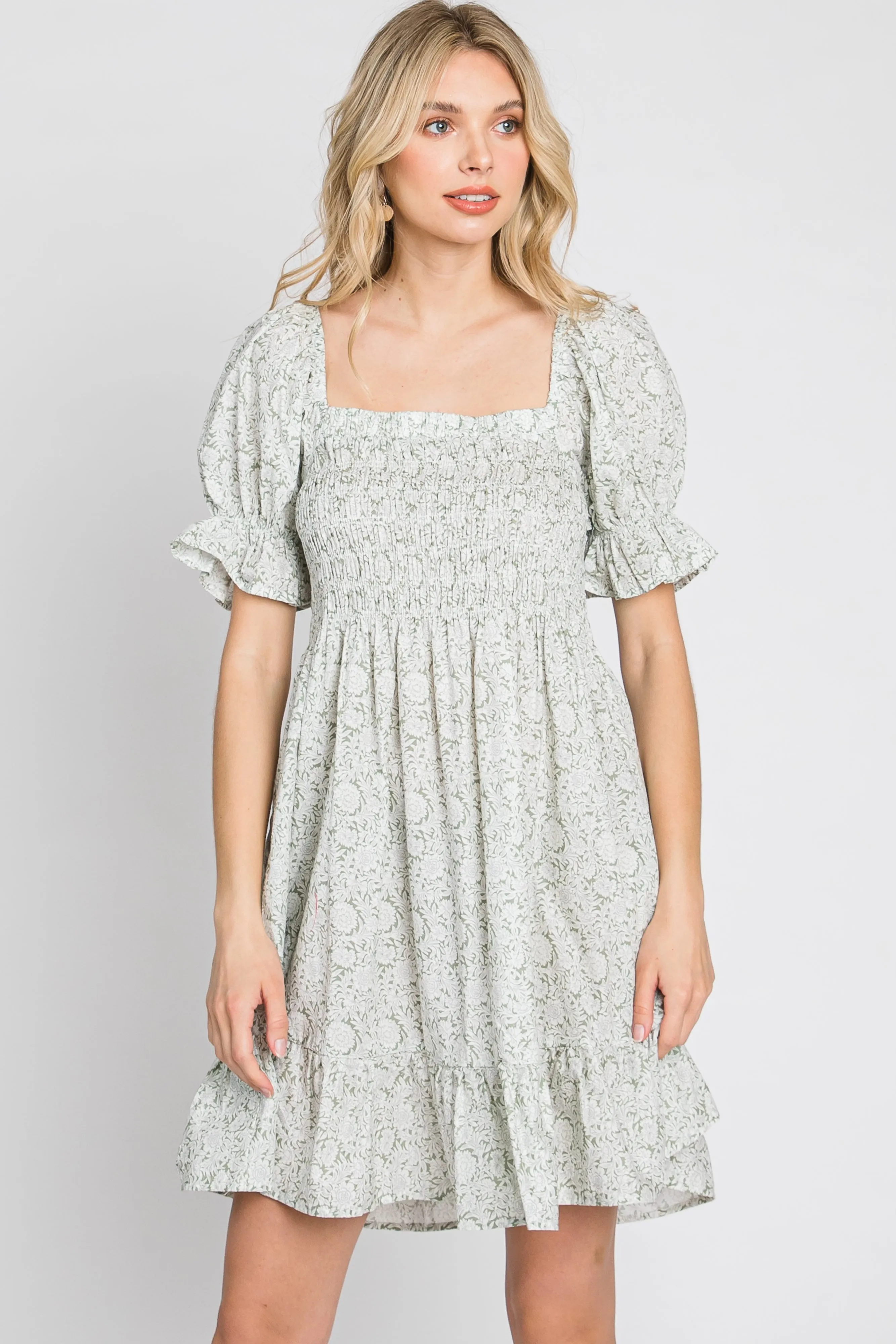 Light Olive Floral Square Neck Smocked Ruffle Hem Dress sold by Pinkblush product image thumbnail 4