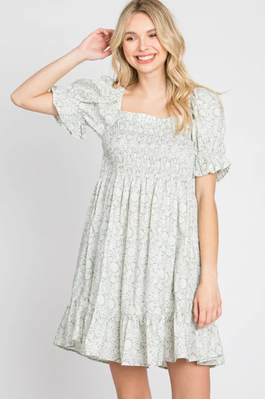 Light Olive Floral Square Neck Smocked Ruffle Hem Dress sold by Pinkblush