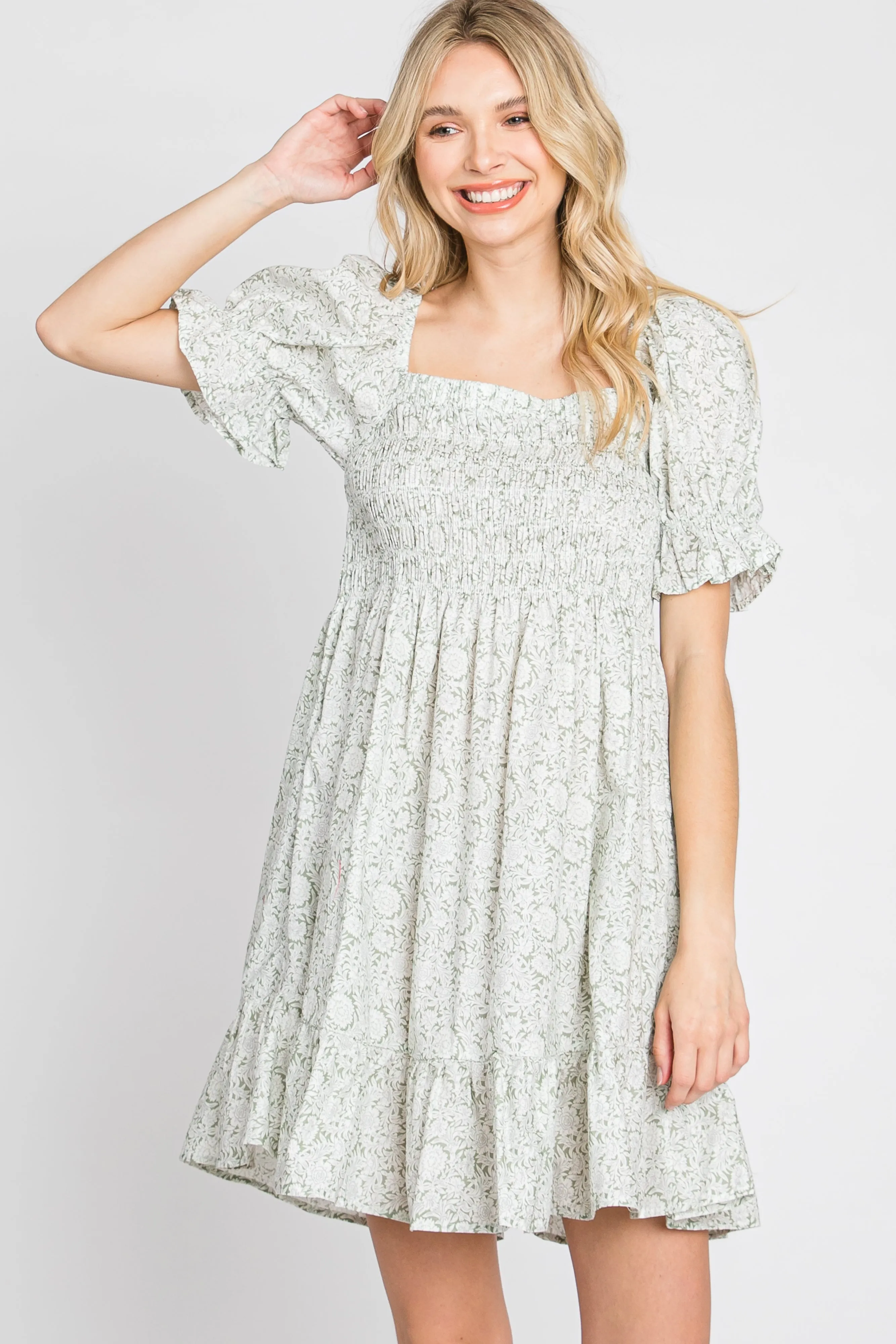 Light Olive Floral Square Neck Smocked Ruffle Hem Dress sold by Pinkblush