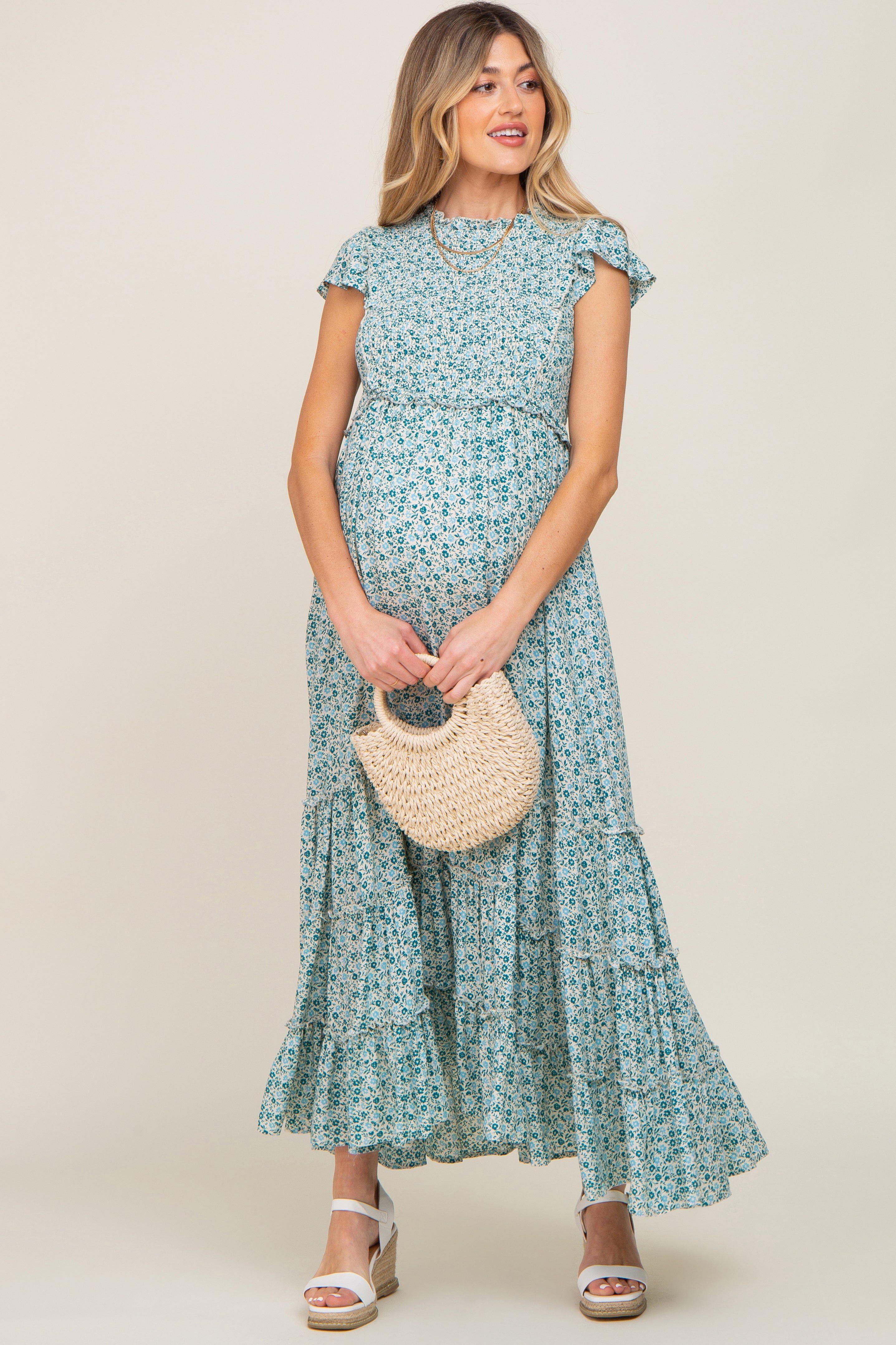 Teal Floral Tiered Maternity Maxi Dress sold by Pinkblush